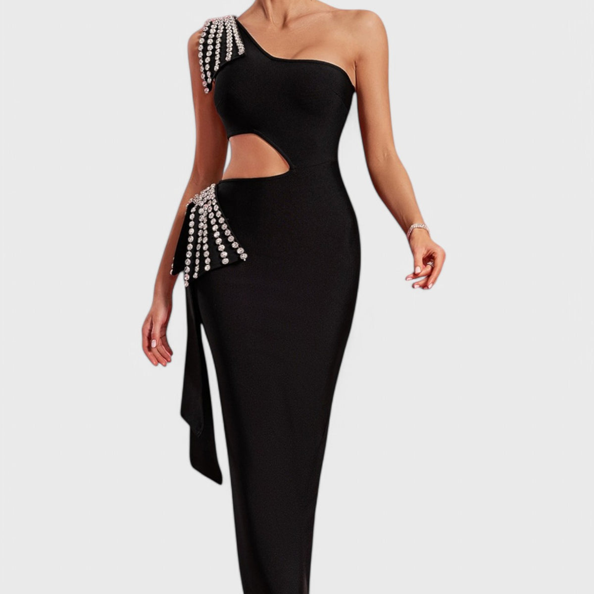 Aria One Shoulder Crystal Cut Out Maxi Dress – Mara Blak