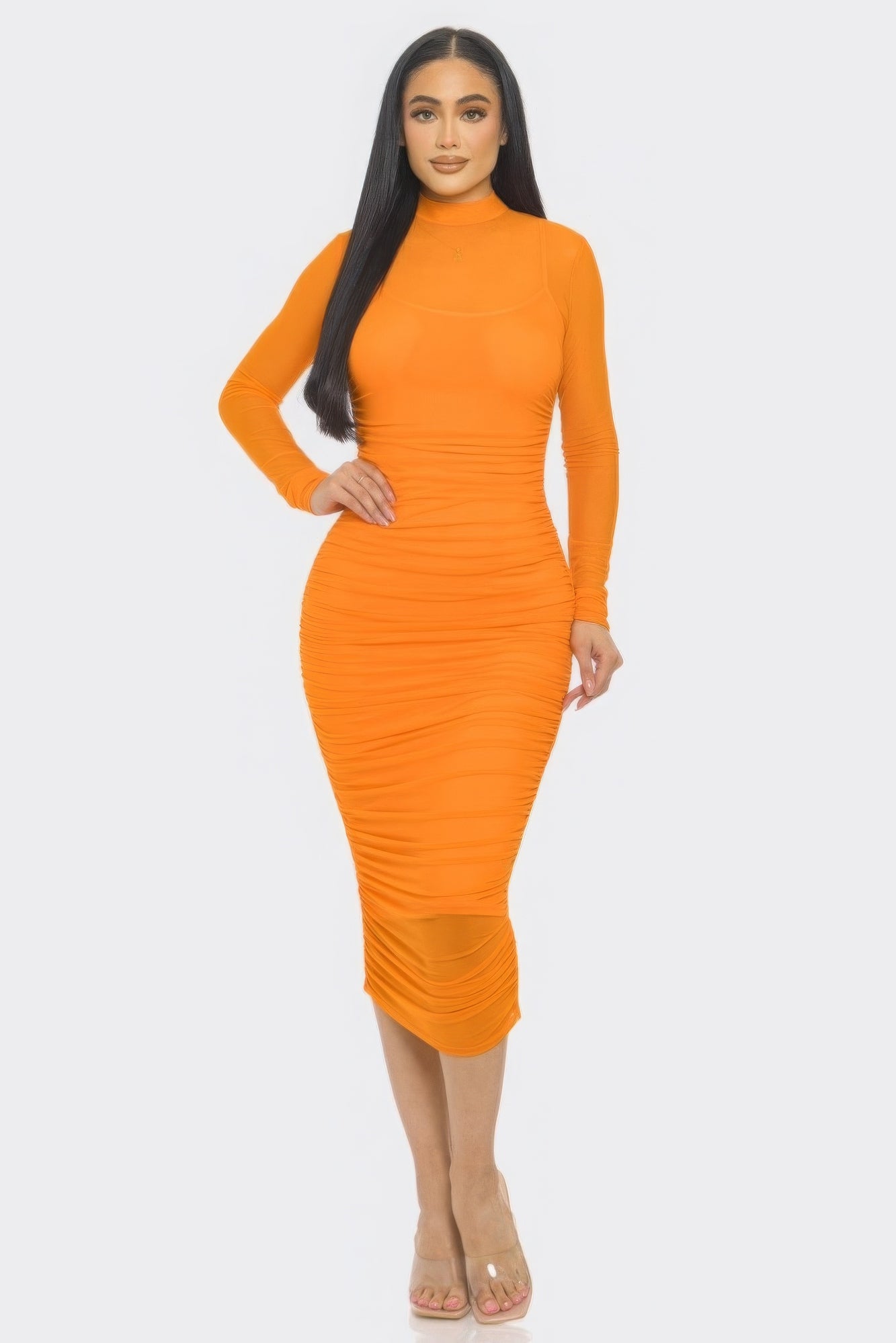 Solid Mesh Orange Midi Dress