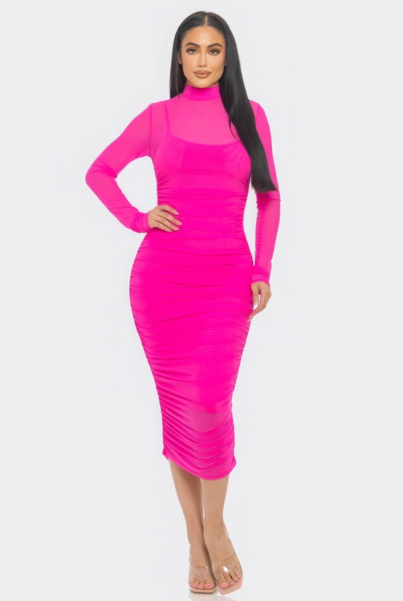 Solid Mesh Pink Midi Dress