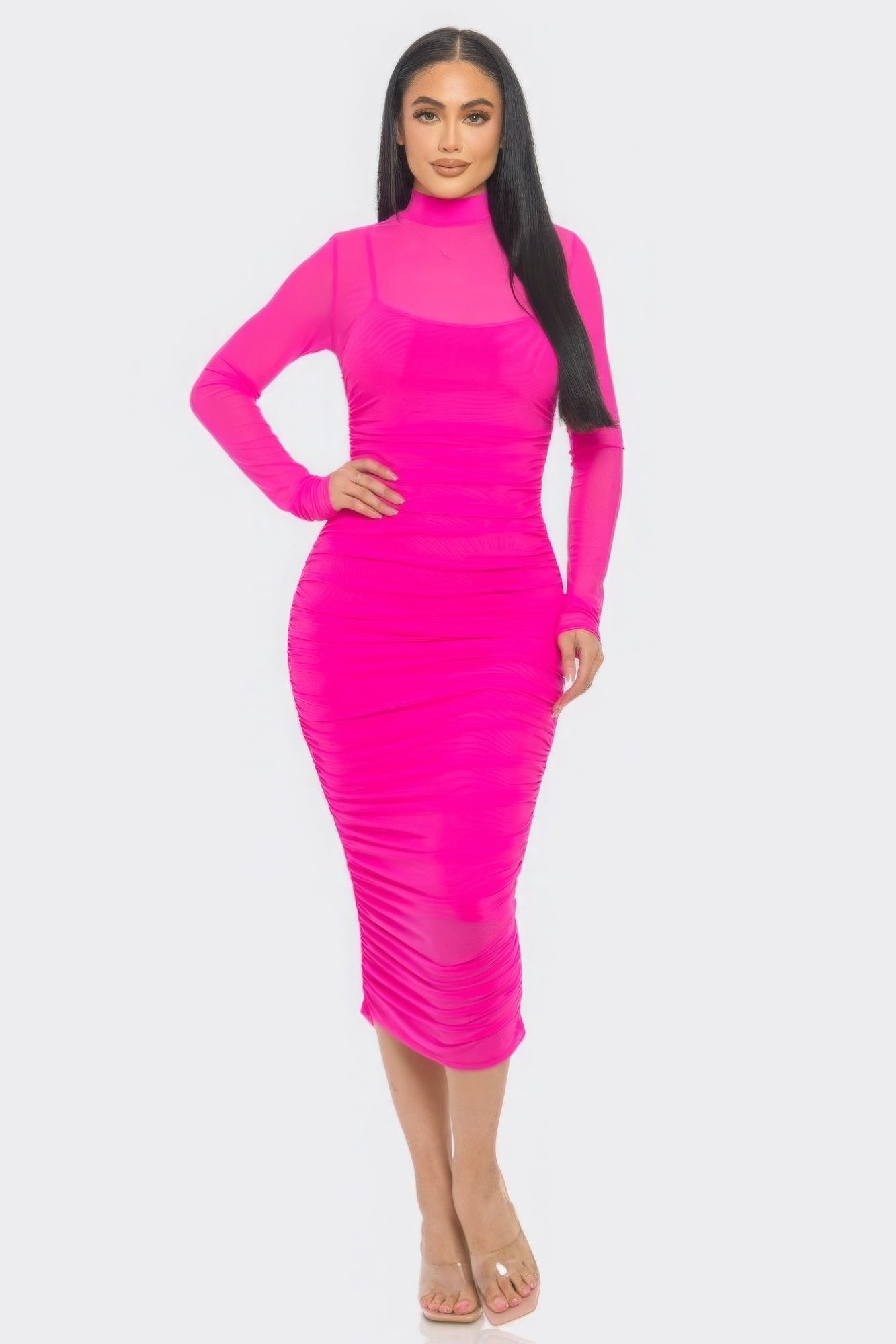 Solid Mesh Pink Midi Dress