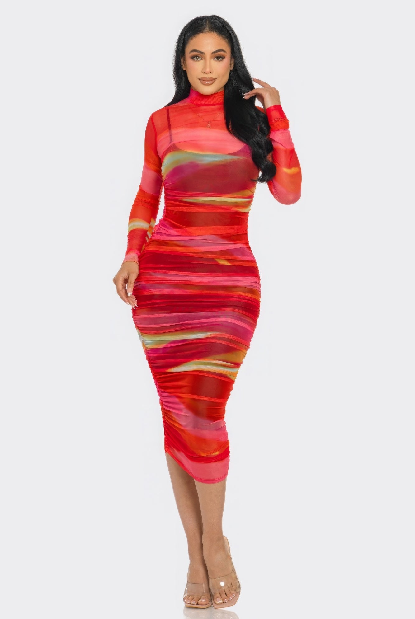Printed Red Mesh Dress