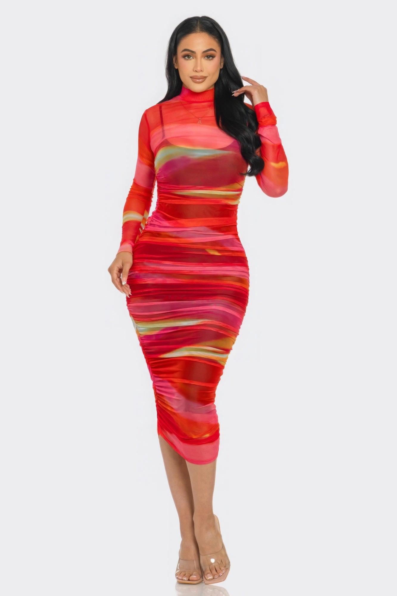 Printed Red Mesh Dress