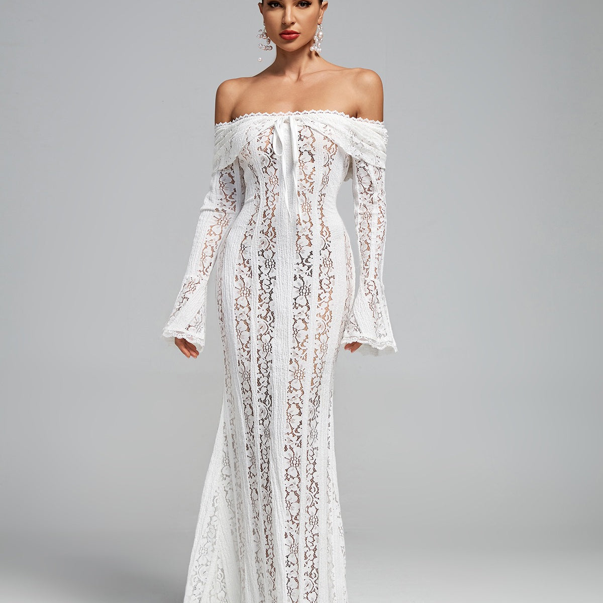 Giselle White Lace Off The Shoulder Maxi Dress – Mara Blak
