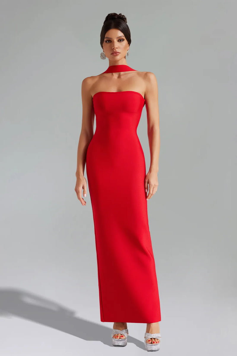 Hazel Red Bandage Halter Backless Maxi Dress Mara Blak Hazel Red Bandage Halter Backless Maxi Dress Mara Blak