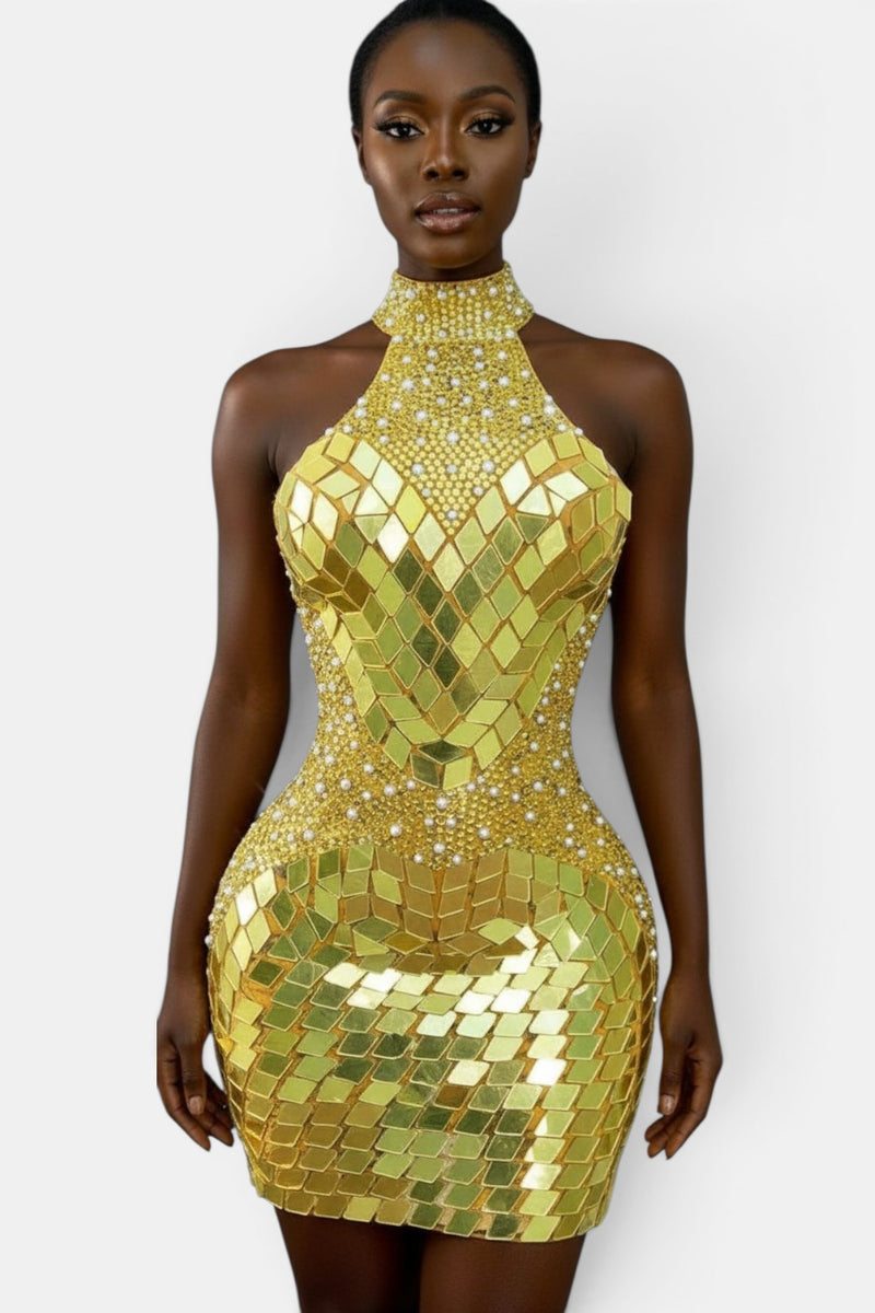 gold mirror dress Leely Women Glitter Golden Long Mirror Prom Dress Mermaid Halter Formal Dress With Slit