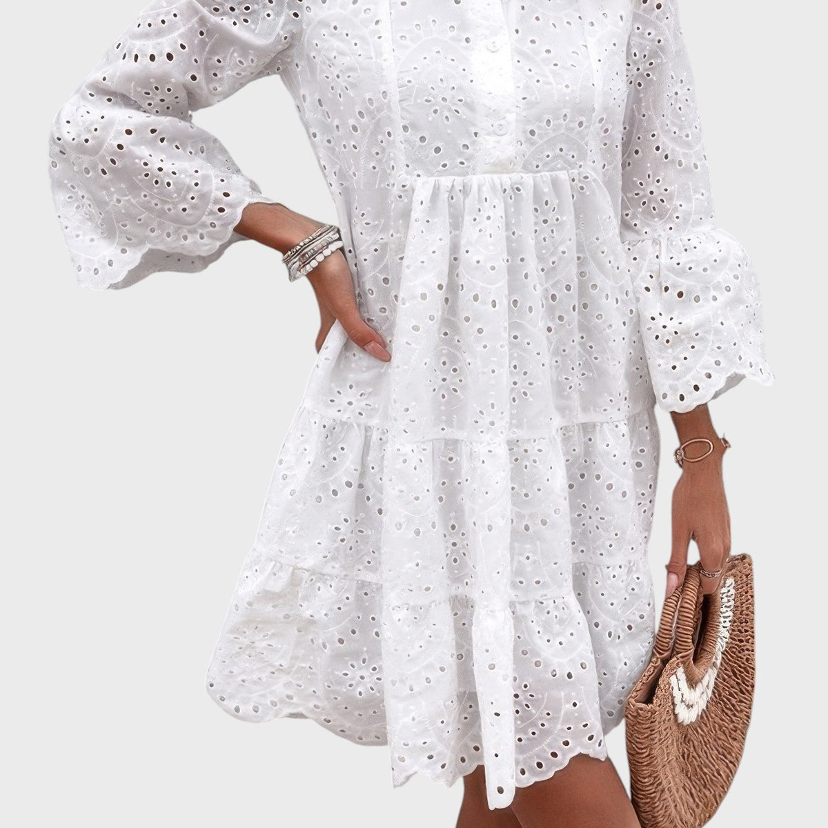 Lila V-Neck White Eyelet Flared Bell Sleeve Mini Dress Mara Blak Lila V-Neck White Eyelet Flared Bell Sleeve Mini Dress Mara Blak
