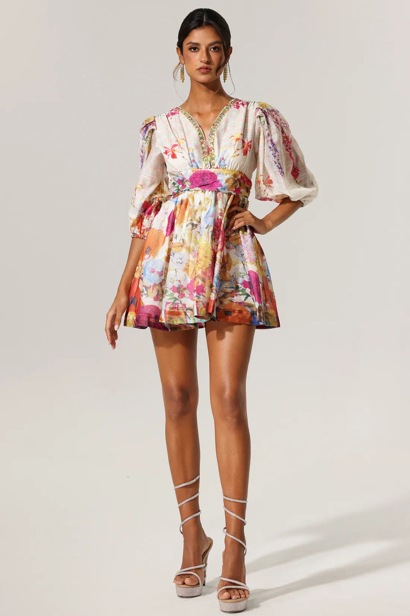 lillian mini dress Lillian V-Neck Floral Billow Sleeve Mini Dress – Mara Blak