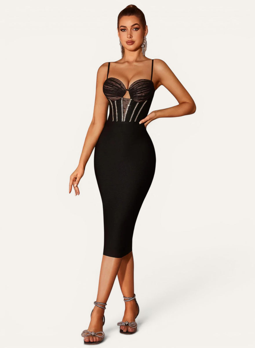 Parisa Sleeveless Rhinestone Corset Bandage Midi Dress – Mara Blak
