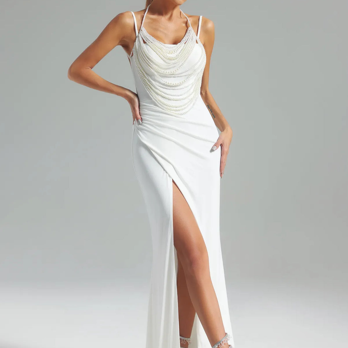 Pearl, White Ruched Backless Maxi Dress – Mara Blak