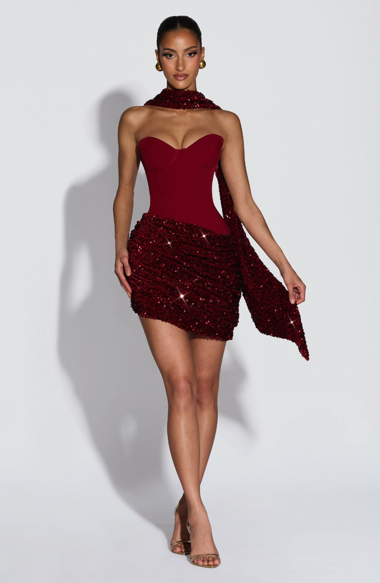 Sorina Strapless Bandage Wine Sequin Corset Mini Dress Mara Blak Sorina Strapless Bandage Wine Sequin Corset Mini Dress Mara Blak
