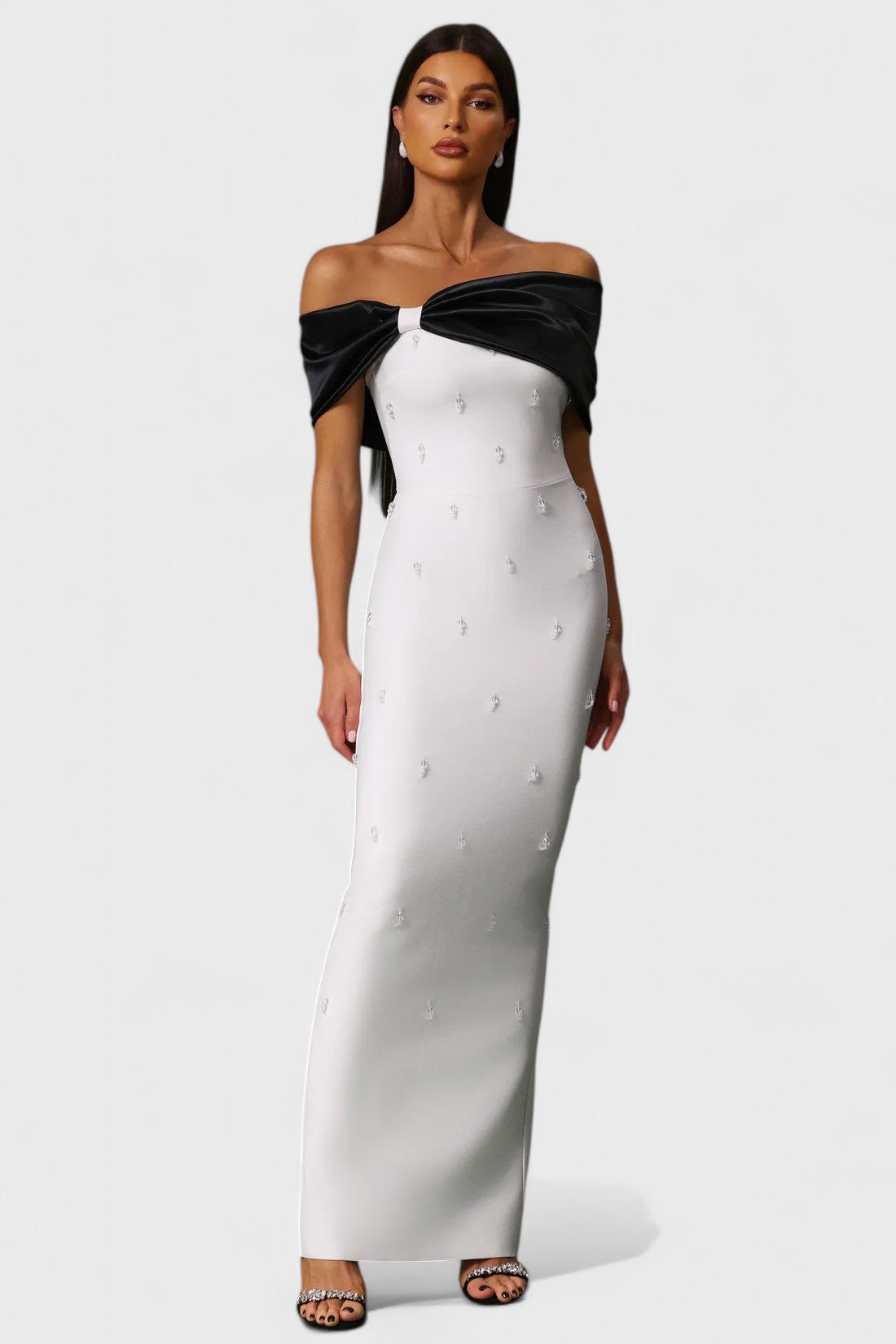 Colette Off-Shoulder Bandage Satin Maxi Dress Mara Blak Colette Off-Shoulder Bandage Satin Maxi Dress Mara Blak