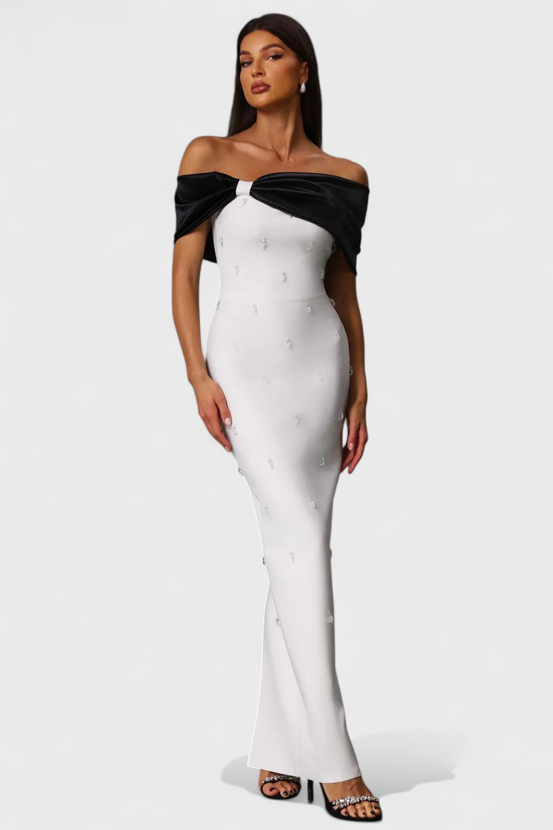 Colette Off-Shoulder Bandage Satin Maxi Dress Mara Blak Colette Off-Shoulder Bandage Satin Maxi Dress Mara Blak