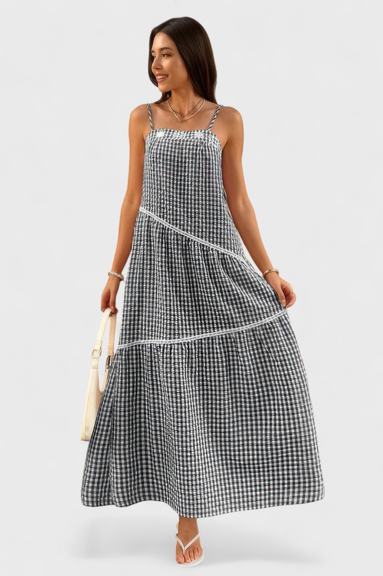 Amelia Sleeveless Gingham A-Line Tiered Maxi Dress Mara Blak Amelia Sleeveless Gingham A-Line Tiered Maxi Dress Mara Blak