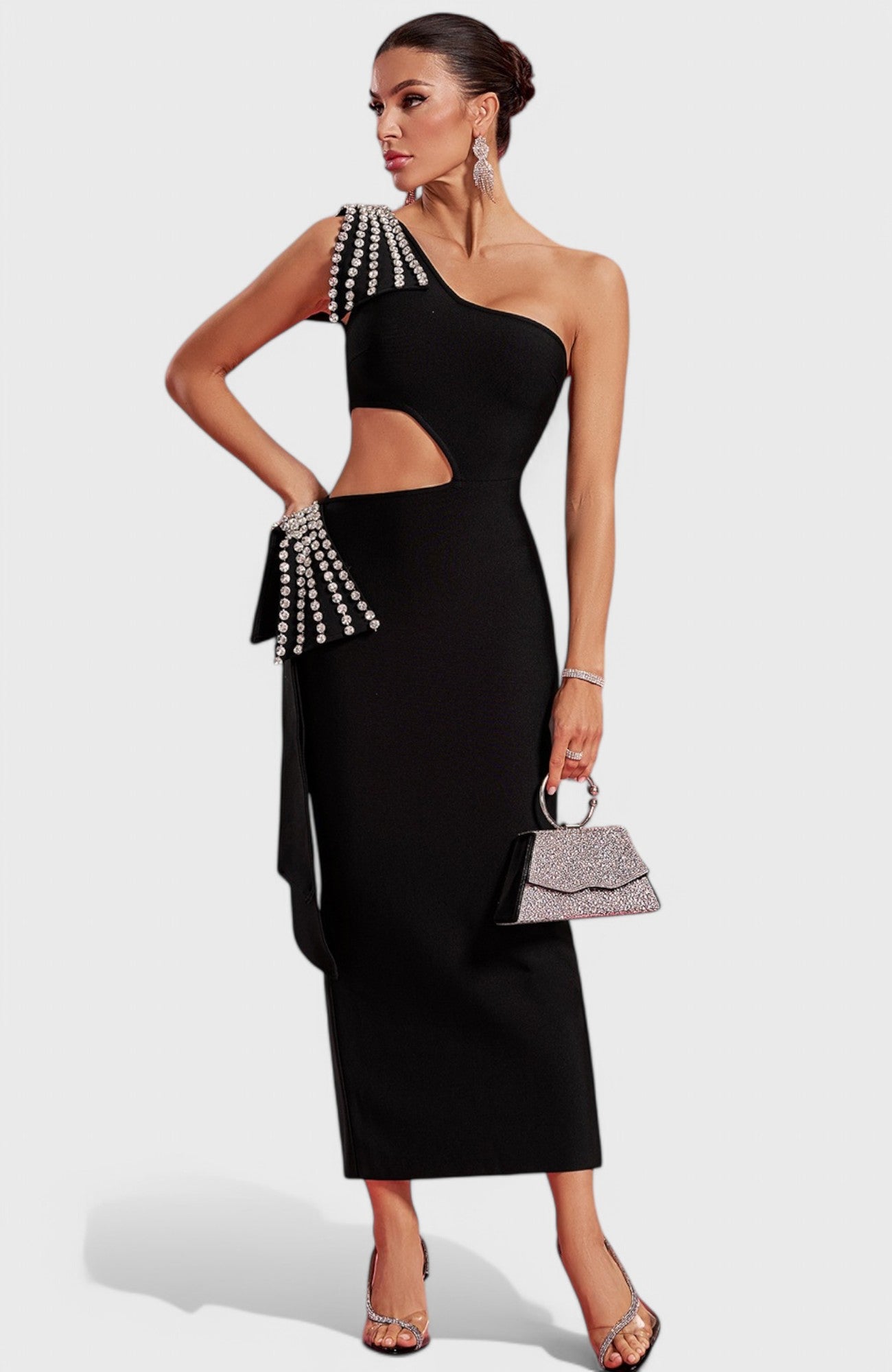 Aria One Shoulder Crystal Cut Out Maxi Dress – Mara Blak