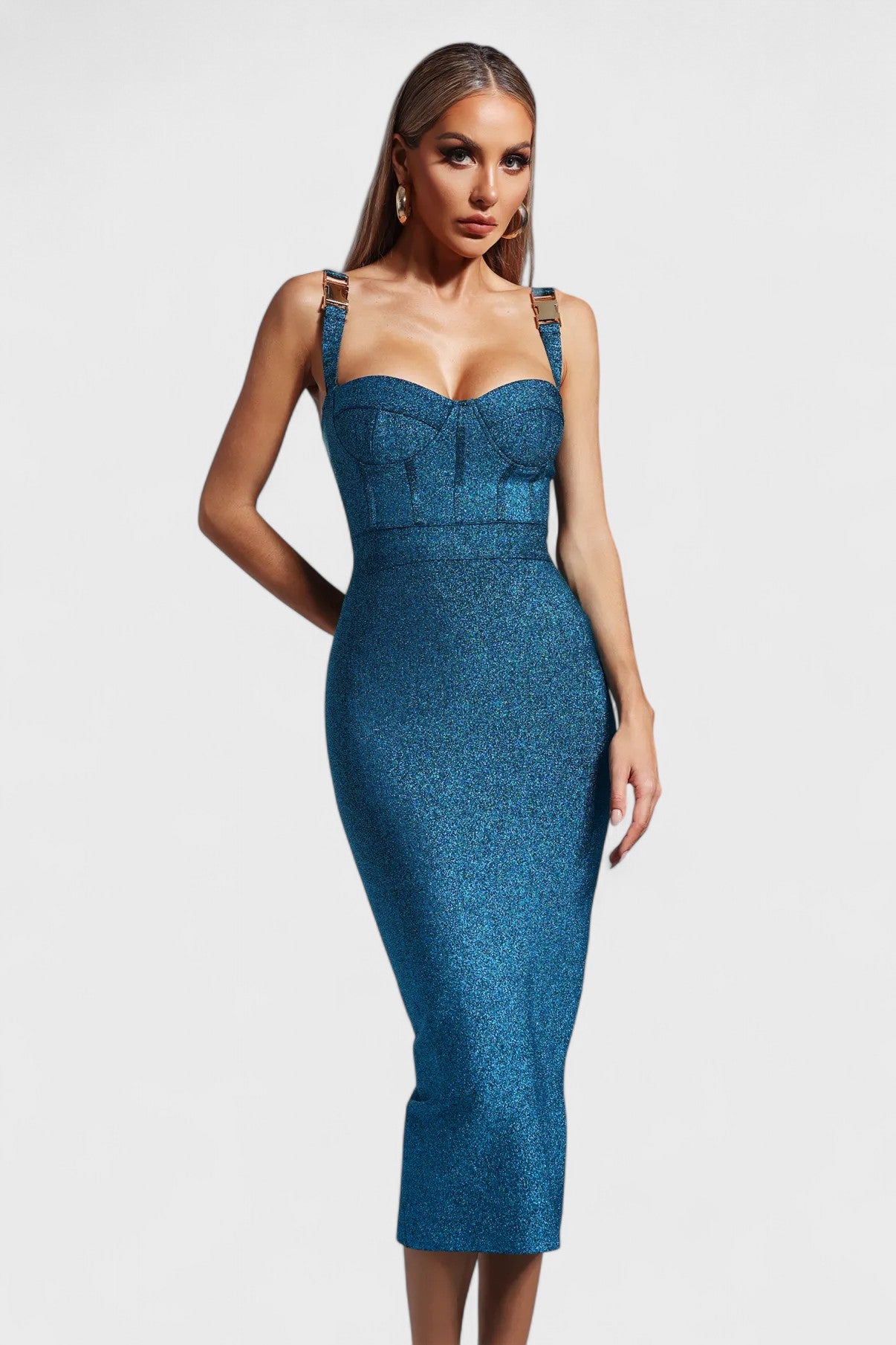 Aura Sleeveless Blue Metallic Bandage Midi Dress Mara Blak Aura Sleeveless Blue Metallic Bandage Midi Dress Mara Blak