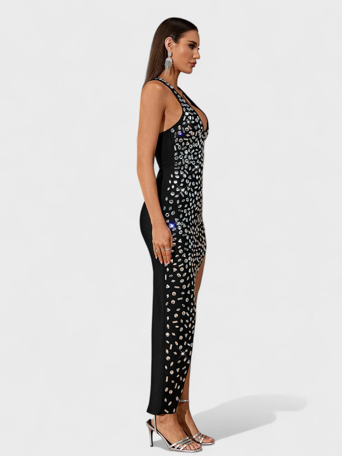 Bobbi Halter Rhinestone Asymmetrical High Slit Maxi Dress Mara Blak Bobbi Halter Rhinestone Asymmetrical High Slit Maxi Dress Mara Blak
