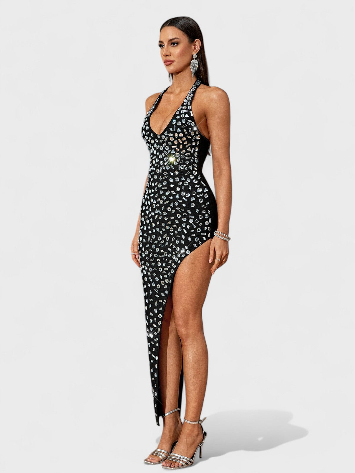 Bobbi Halter Rhinestone Asymmetrical High Slit Maxi Dress Mara Blak Bobbi Halter Rhinestone Asymmetrical High Slit Maxi Dress Mara Blak