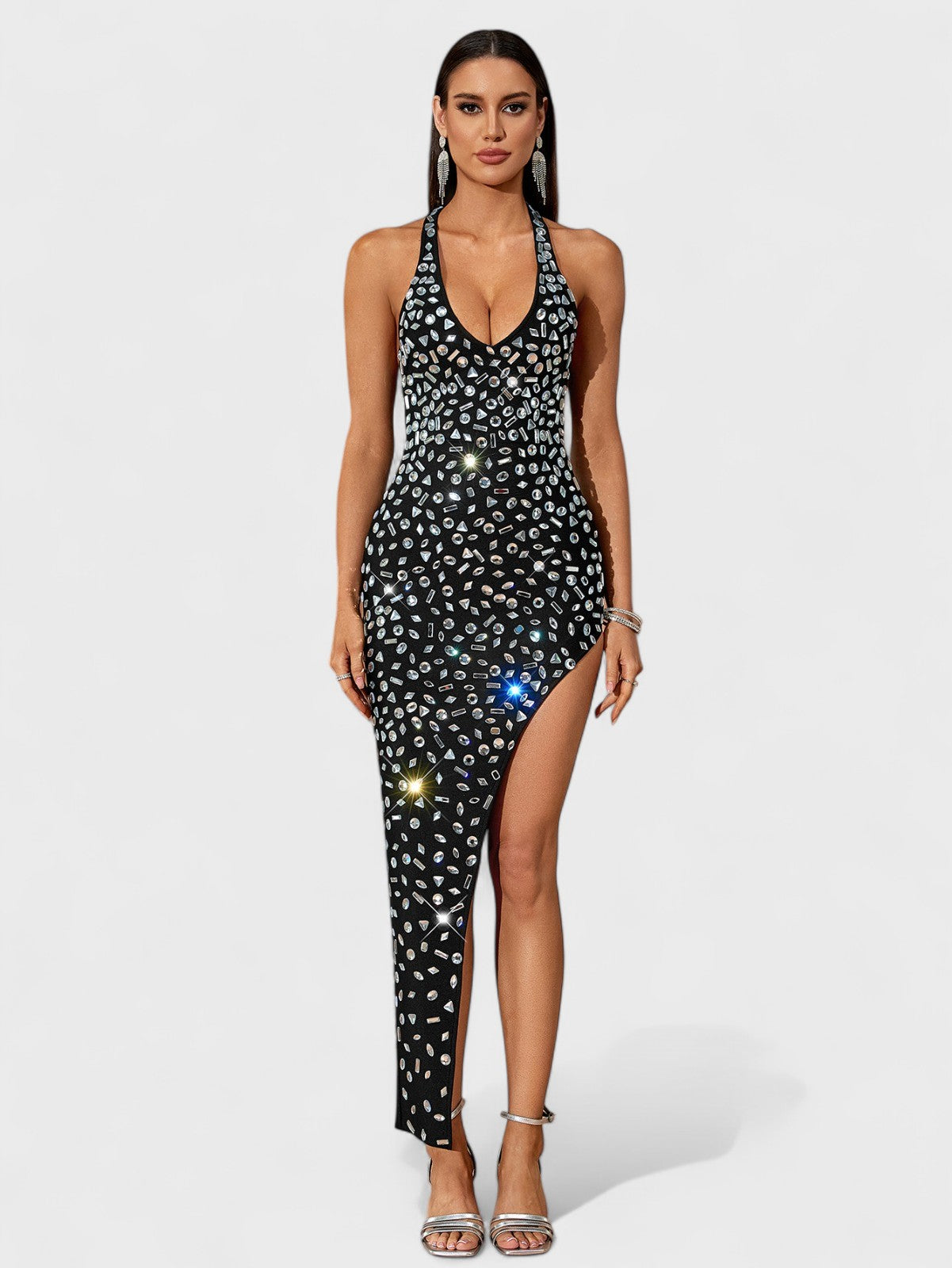 Bobbi Halter Rhinestone Asymmetrical High Slit Maxi Dress Mara Blak Bobbi Halter Rhinestone Asymmetrical High Slit Maxi Dress Mara Blak