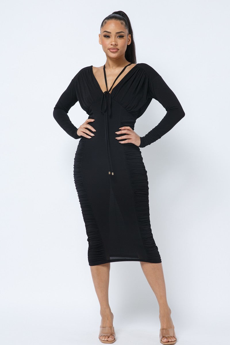 Long Sleeve, V-Neck Ruched Midi Dress Mara Blak Long Sleeve, V-Neck Ruched Midi Dress Mara Blak