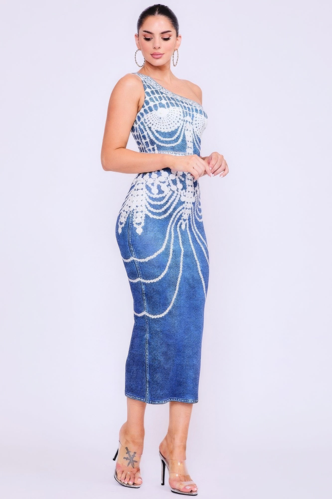 One Shoulder Denim Print Dress Mara Blak One Shoulder Denim Print Dress Mara Blak