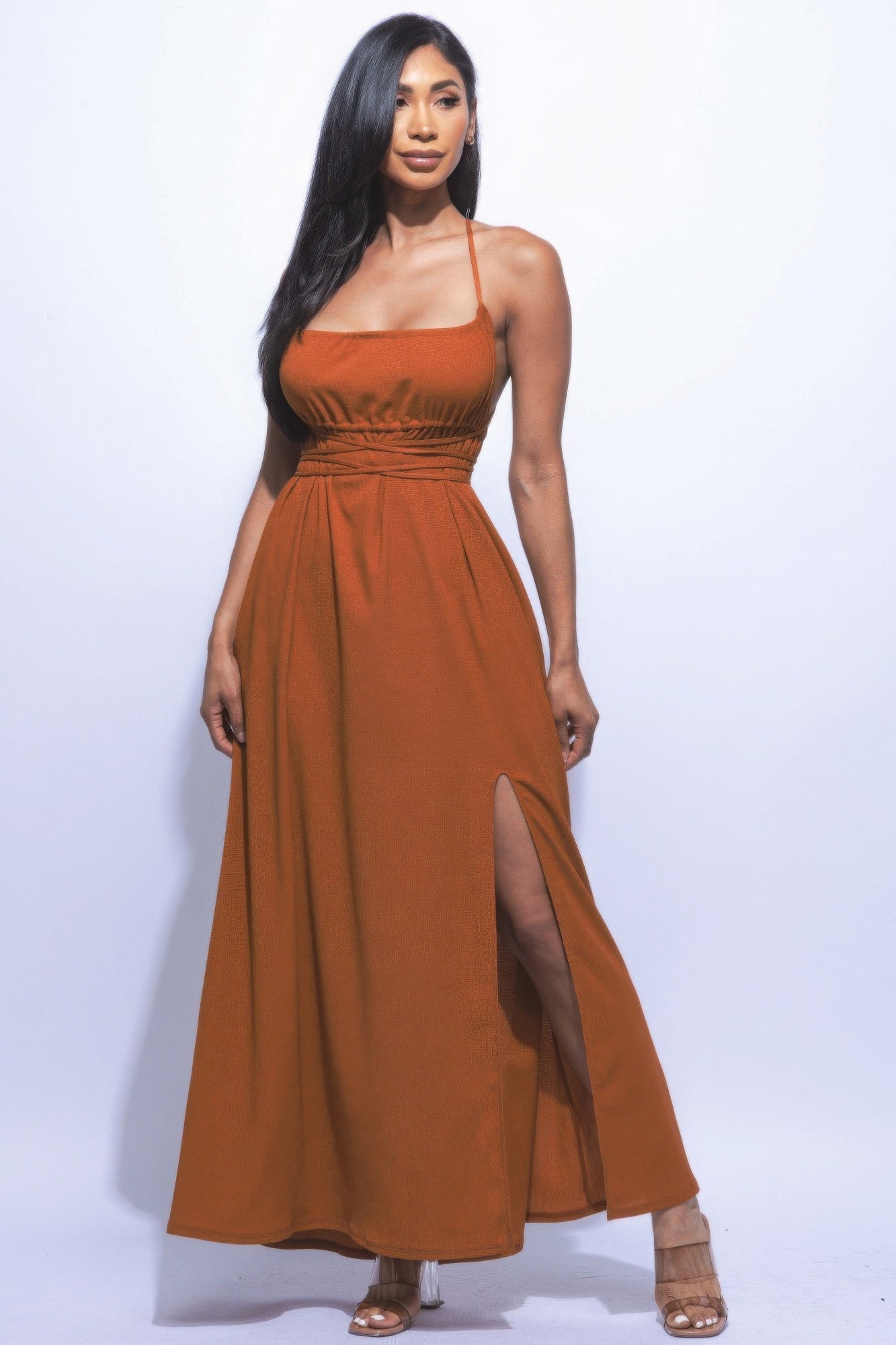 Strap Tie Back, Side Slit Maxi Dress Mara Blak Strap Tie Back, Side Slit Maxi Dress Mara Blak
