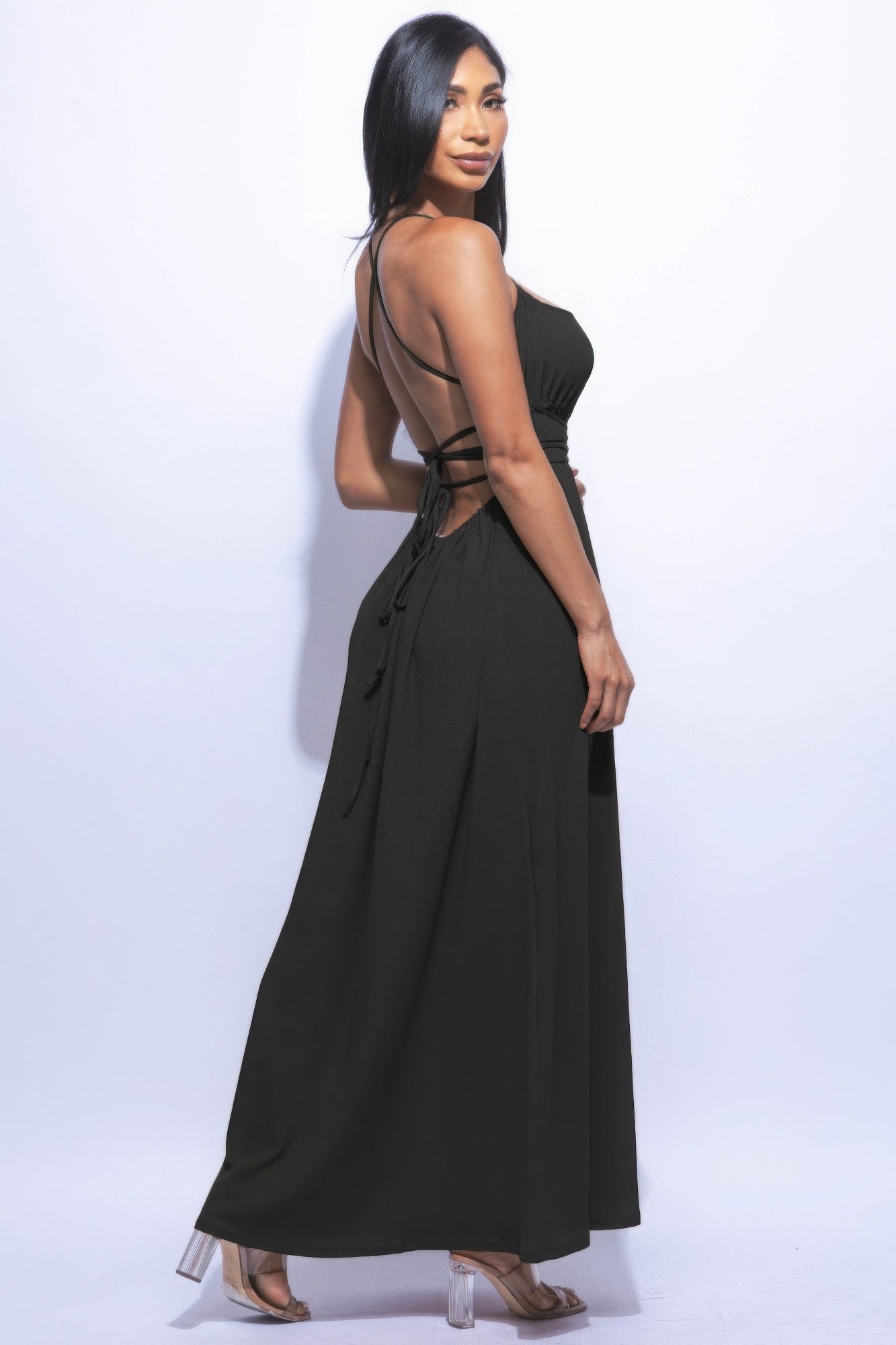 Strap Tie Back, Side Slit Maxi Dress Mara Blak Strap Tie Back, Side Slit Maxi Dress Mara Blak