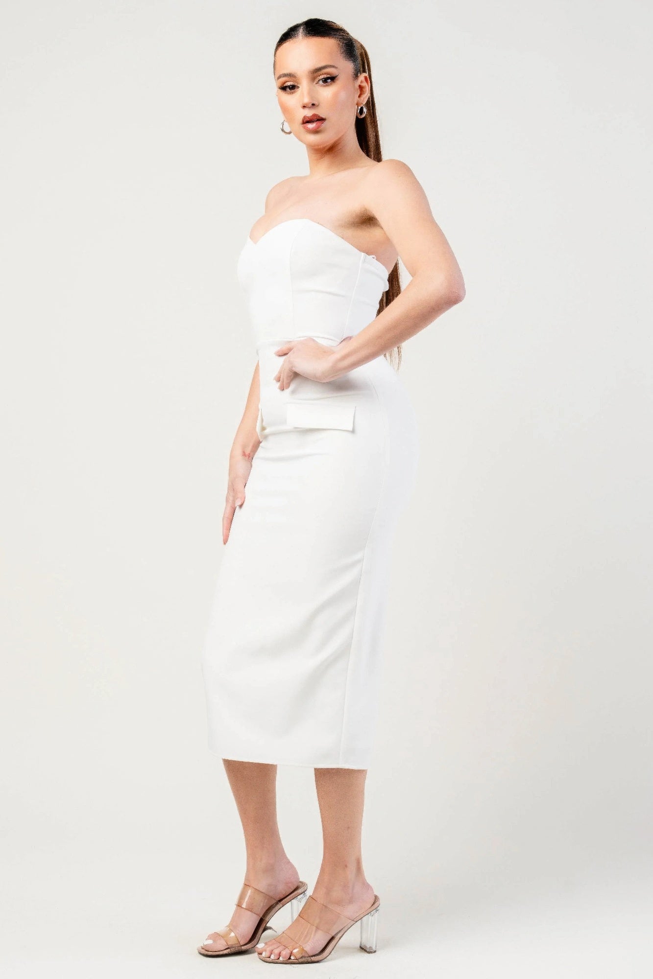 Strapless Peplum Stretch Bodycon Midi Dress Mara Blak Strapless Peplum Stretch Bodycon Midi Dress Mara Blak