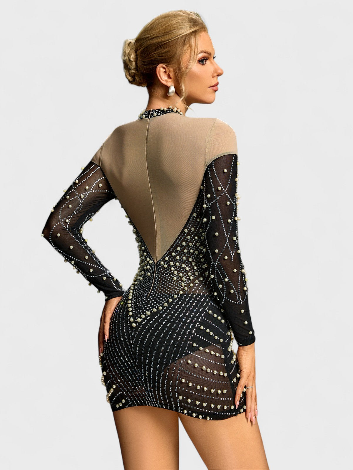 Camila Long Sleeve Pearl & Rhinestone Mesh Mini Dress Mara Blak Camila Long Sleeve Pearl & Rhinestone Mesh Mini Dress Mara Blak