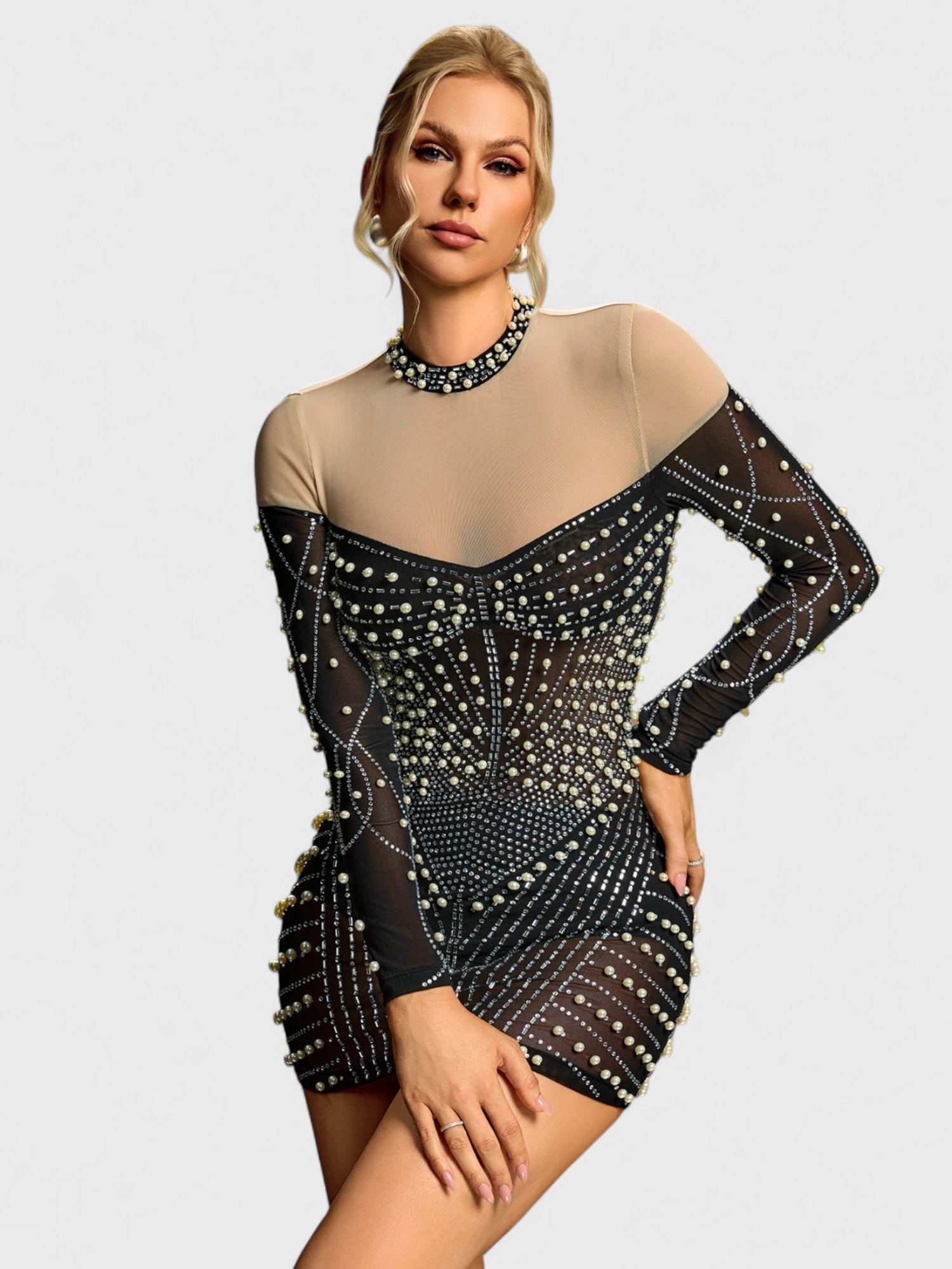 Camila Long Sleeve Pearl & Rhinestone Mesh Mini Dress Mara Blak Camila Long Sleeve Pearl & Rhinestone Mesh Mini Dress Mara Blak