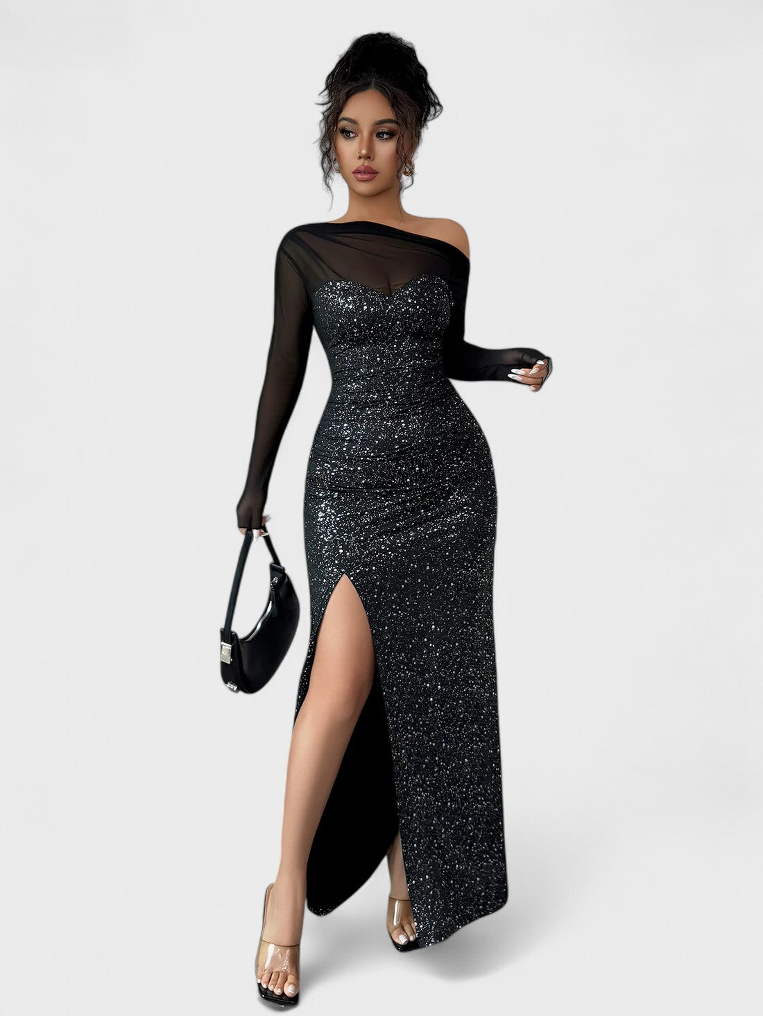 Celia Off Shoulder Glitter Mesh Long Sleeve Maxi Dress Mara Blak Celia Off Shoulder Glitter Mesh Long Sleeve Maxi Dress Mara Blak