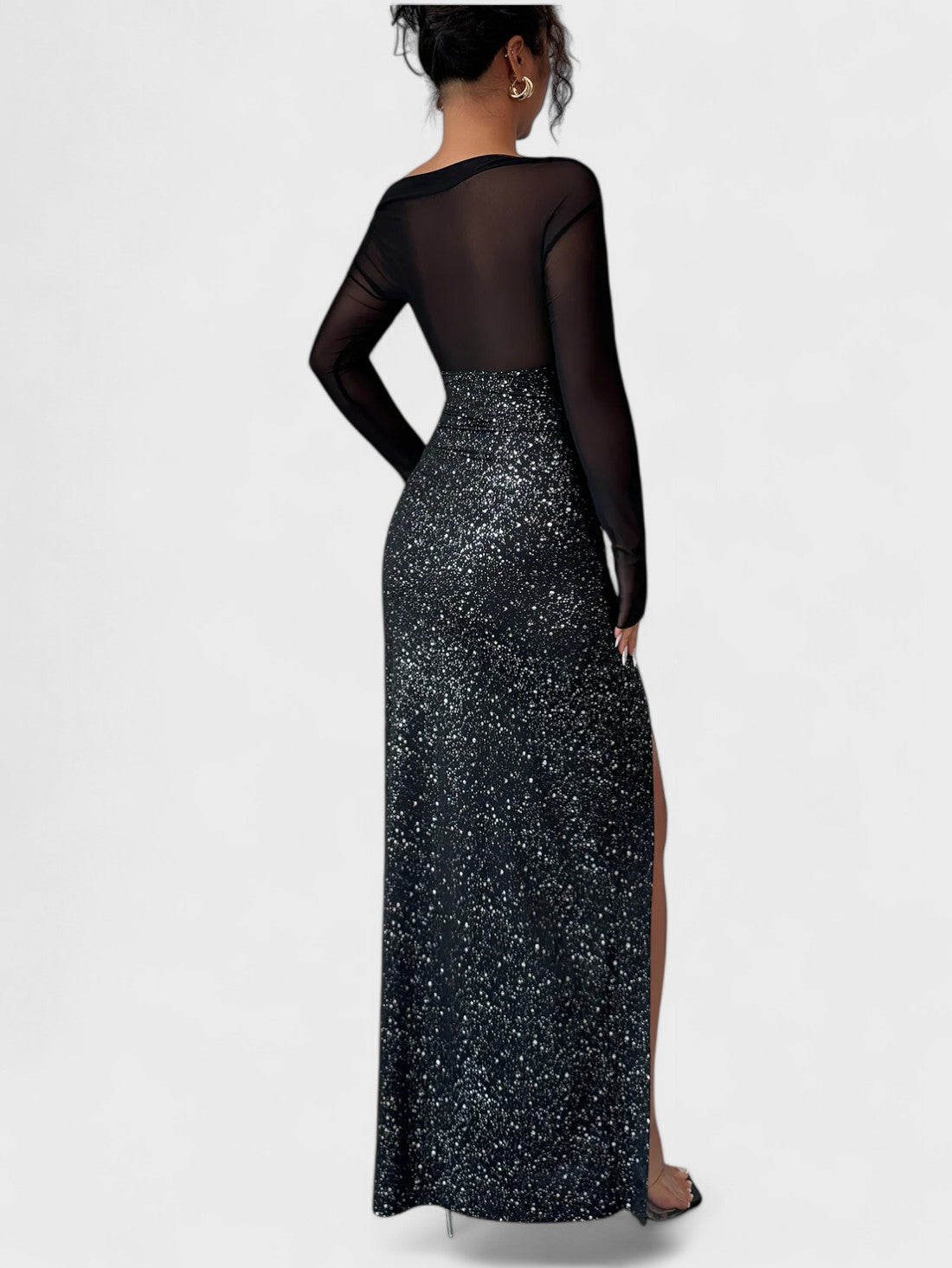 Celia Off Shoulder Glitter Mesh Long Sleeve Maxi Dress Mara Blak Celia Off Shoulder Glitter Mesh Long Sleeve Maxi Dress Mara Blak
