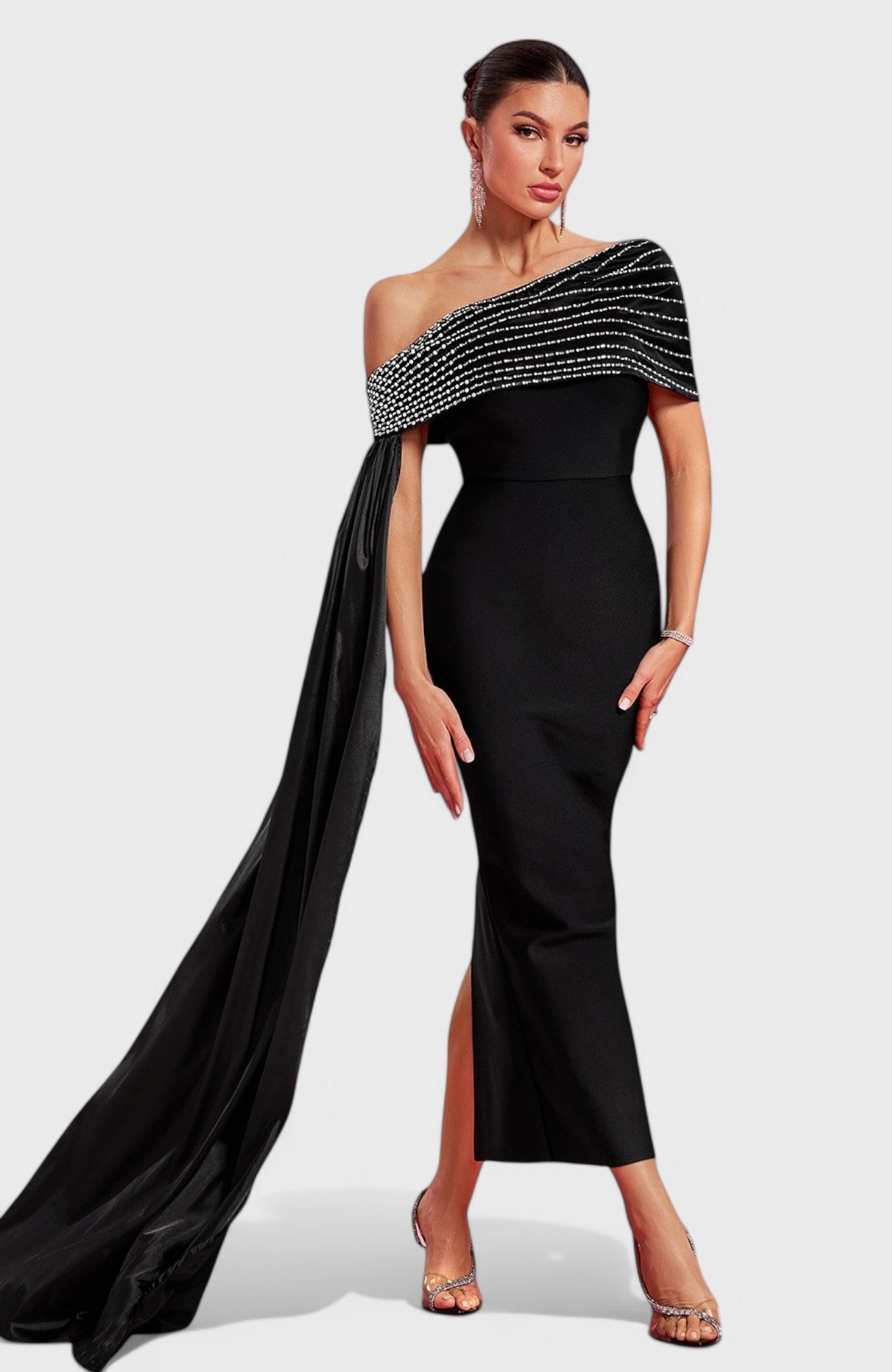 kristal maxi dress Celina Off Shoulder Crystal – Mara Blak Color:Melange Maroon Womens Millà Crystal Rhinestone Satin Open Back castle wedding dress