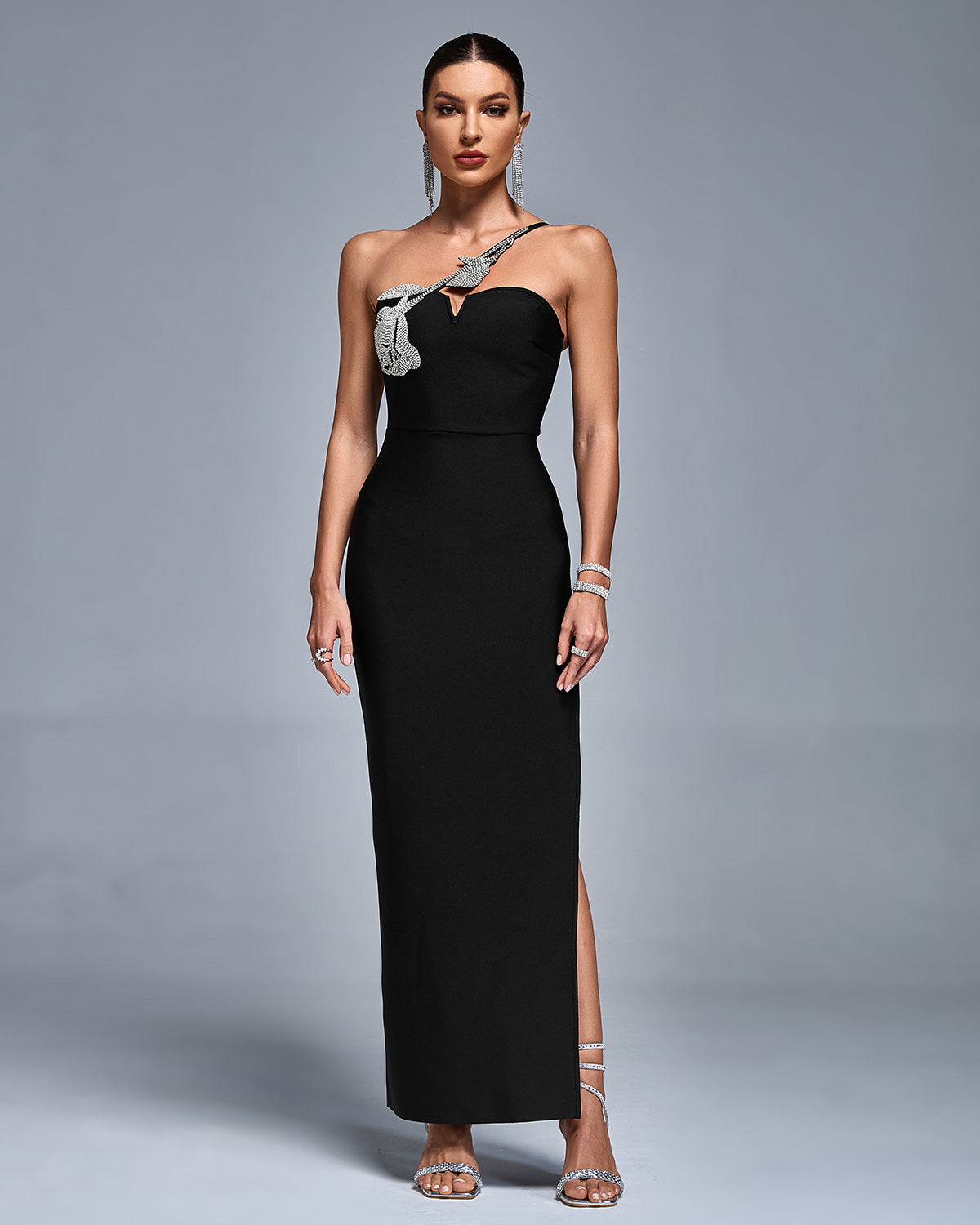 Cross Over One Shoulder Strap Rhinestone Bandage Maxi Dress Mara Blak Cross Over One Shoulder Strap Rhinestone Bandage Maxi Dress Mara Blak