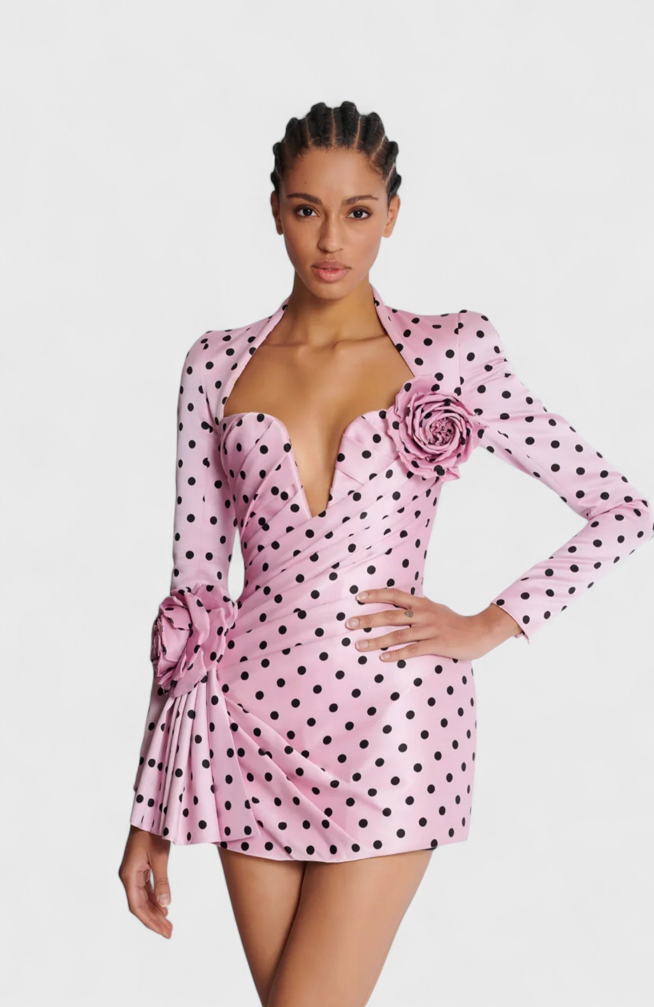 Dahlia Long Sleeve Polka Dot Rosette Mini Dress Mara Blak Dahlia Long Sleeve Polka Dot Rosette Mini Dress Mara Blak