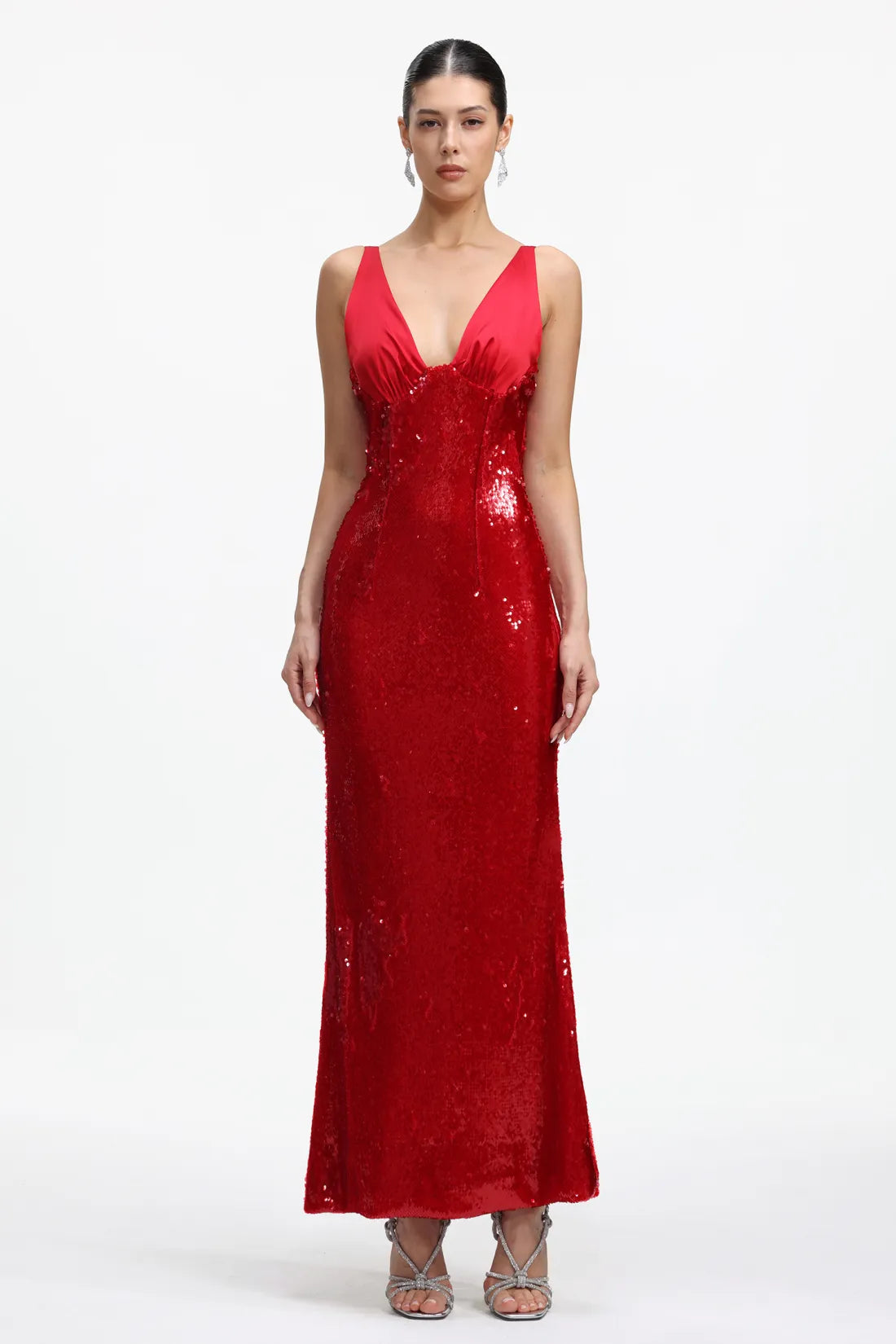 Delilah Red Sleeveless Sequin Deep V Maxi Dress Mara Blak Delilah Red Sleeveless Sequin Deep V Maxi Dress Mara Blak