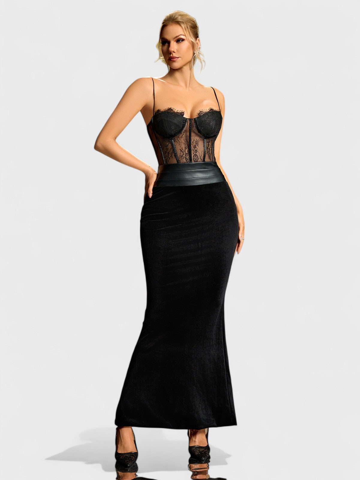 Dita Sleeveless Velvet & Lace Corset Maxi Dress Mara Blak Dita Sleeveless Velvet & Lace Corset Maxi Dress Mara Blak