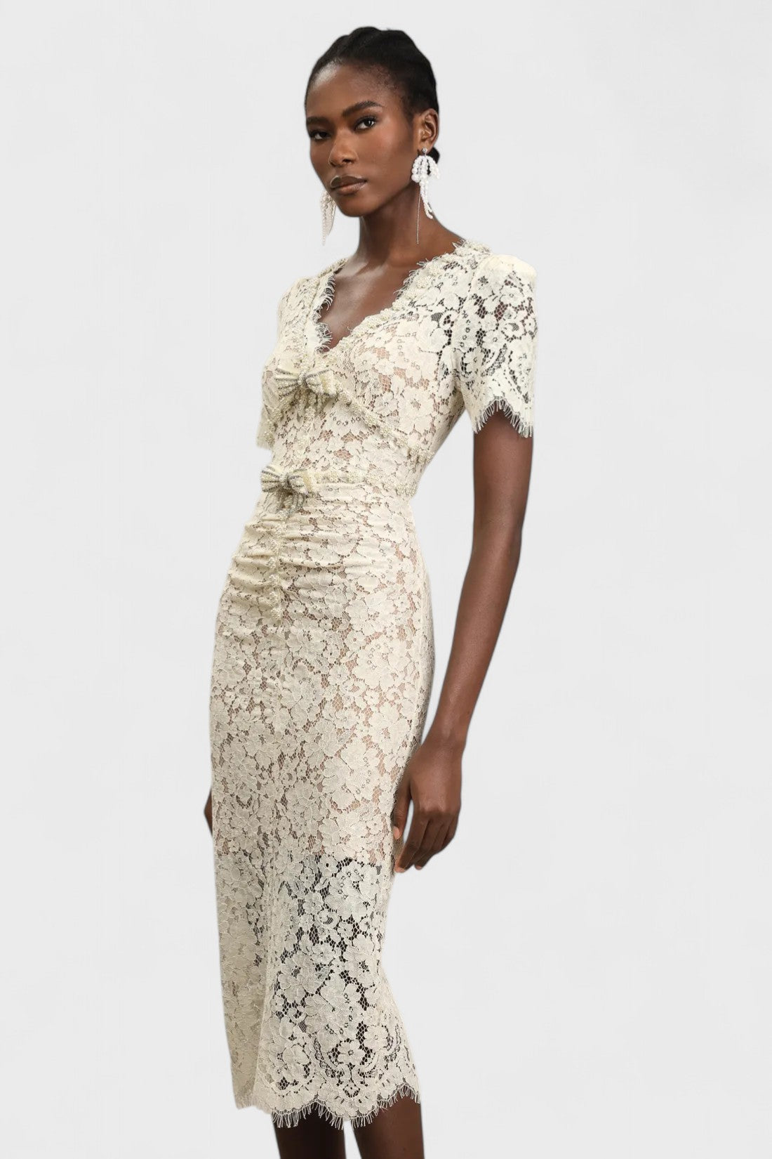 Eloda Short Sleeve Pearl Bow Lace Midi Dress – Ivory – Mara Blak