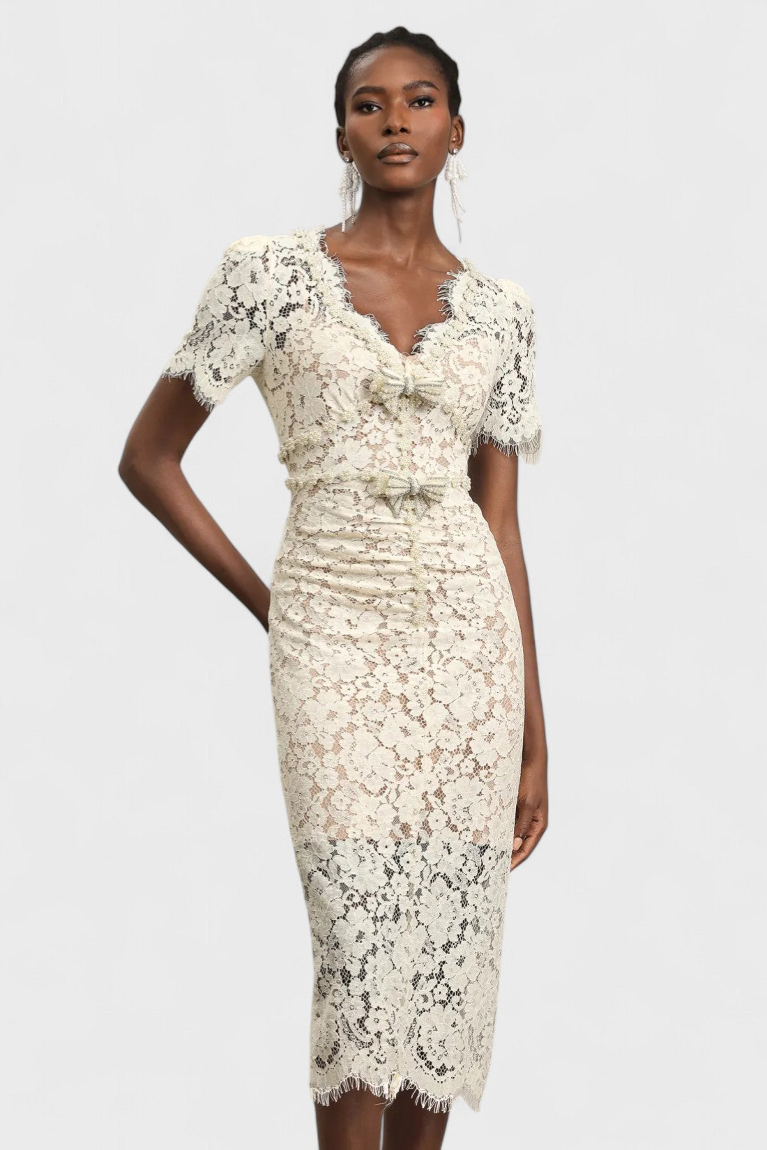 Maxi Dress Lace V Neck Midi Dress Eloda Short Sleeve Bow Lace Midi Dress Ivory Mara Blak Maxi Dress Lace V Neck Midi Dress Eloda Short Sleeve Bow Lace Midi Dress Ivory Mara Blak