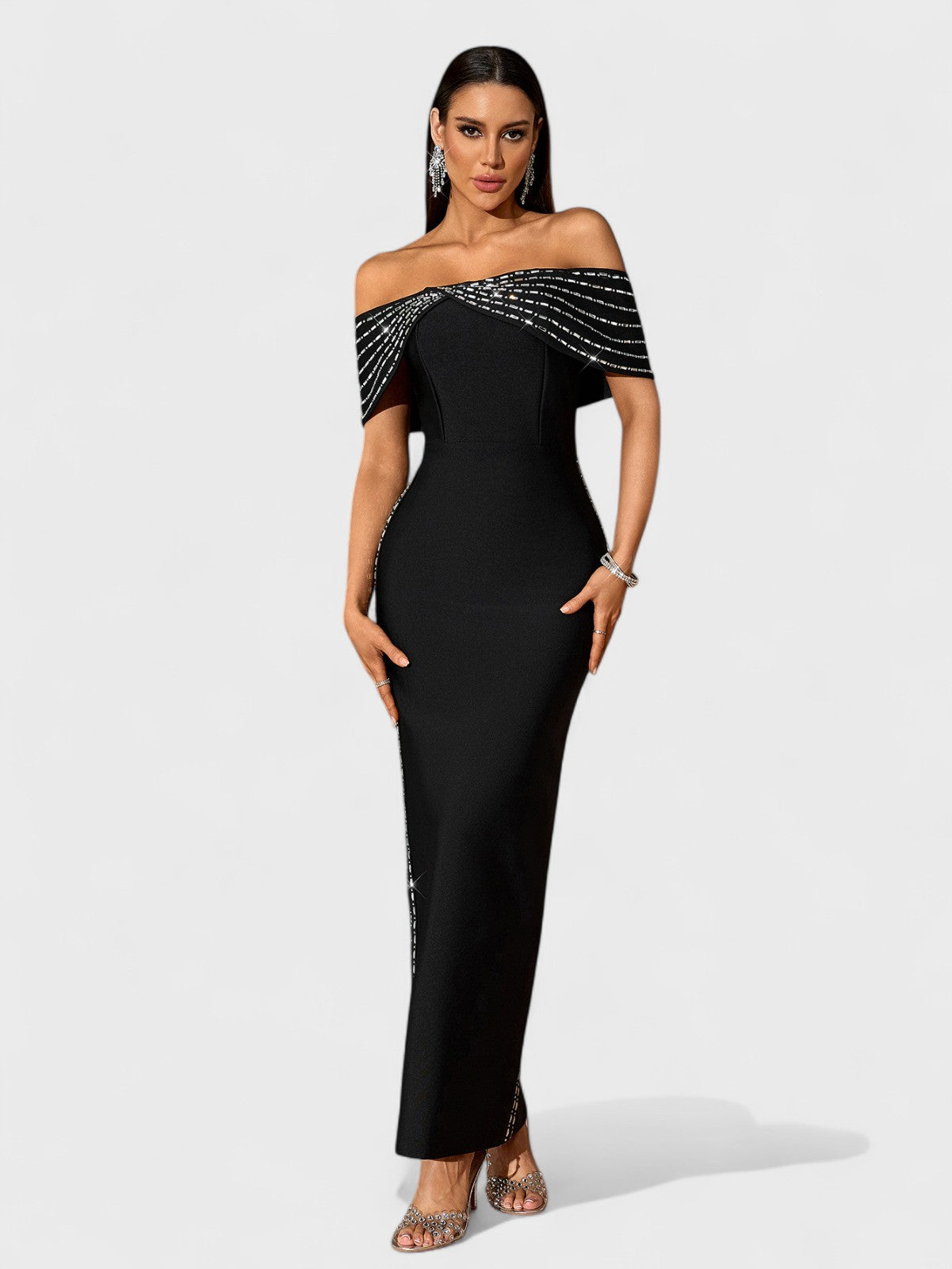 Elqenna Off-Shoulder Embellished Black Maxi Dress Mara Blak Elqenna Off-Shoulder Embellished Black Maxi Dress Mara Blak