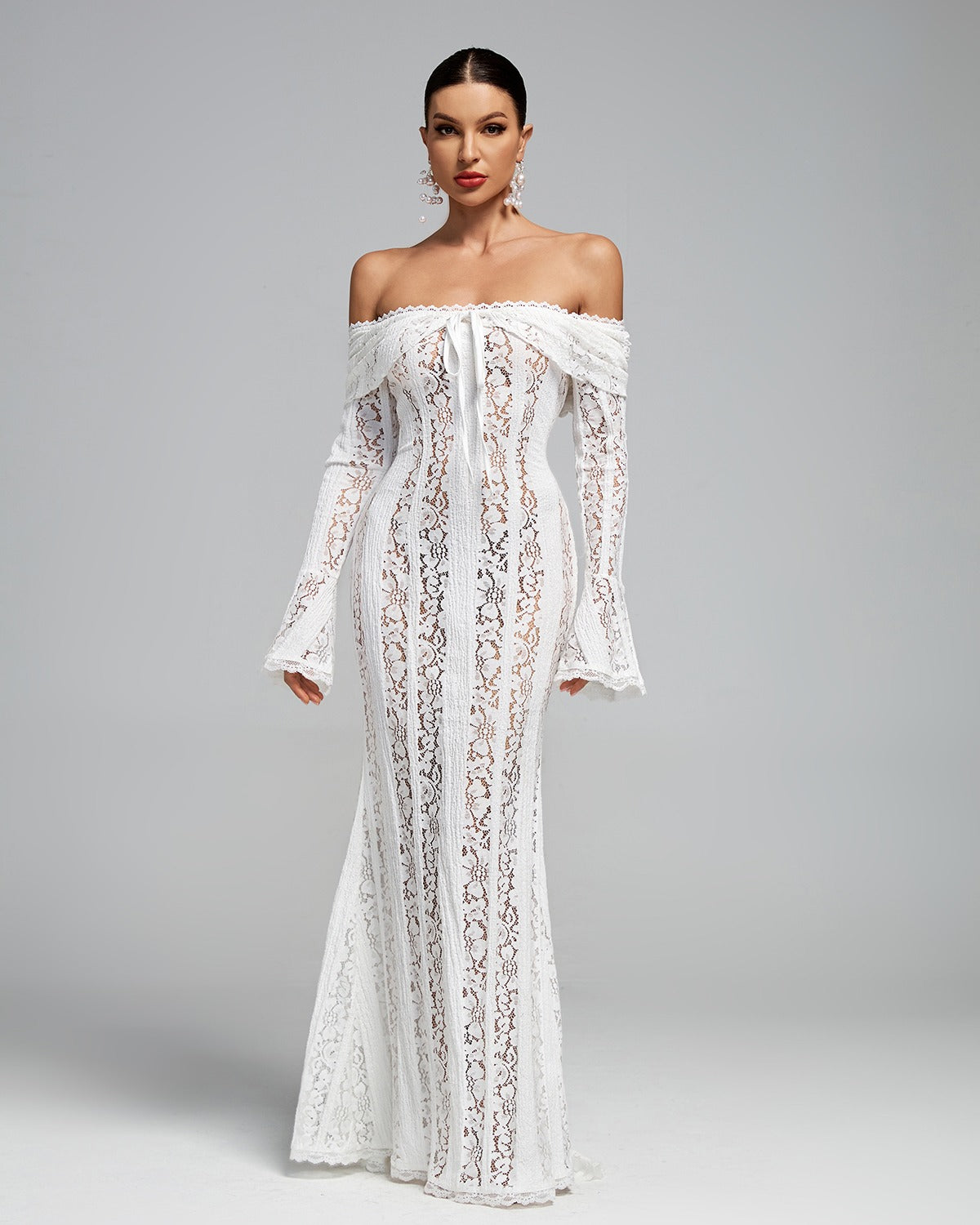 Giselle White Lace Off The Shoulder Maxi Dress – Mara Blak