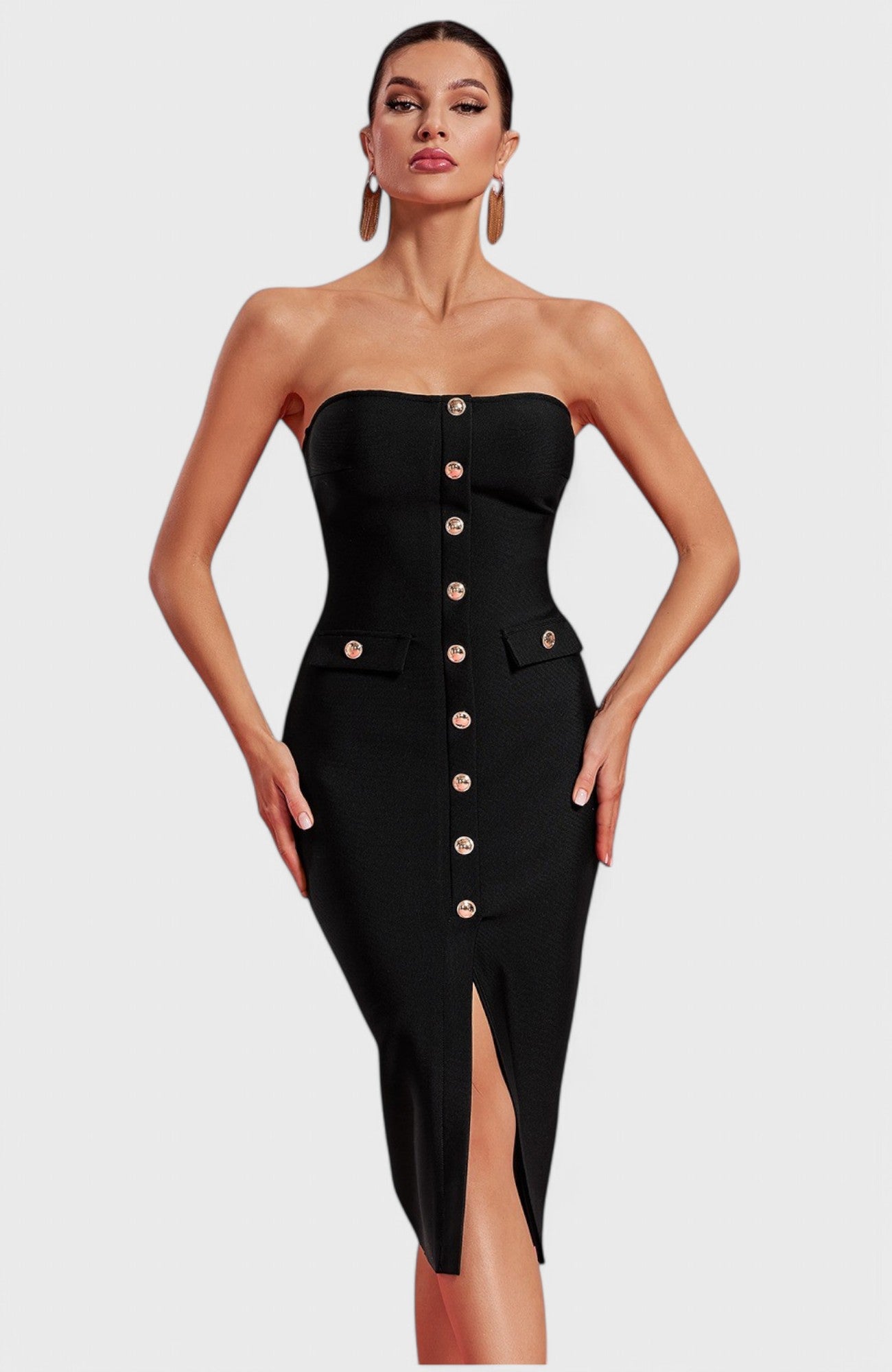 Gwen Strapless Bandage Button Midi Dress Mara Blak Gwen Strapless Bandage Button Midi Dress Mara Blak