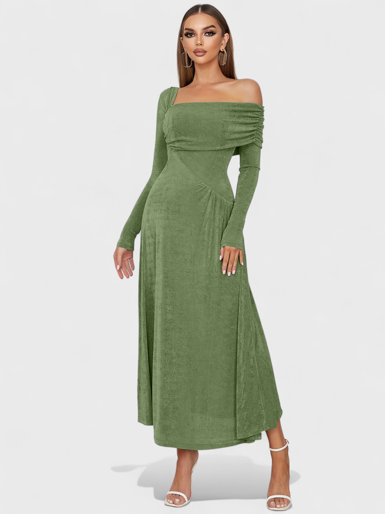 Jaicee Off-Shoulder Long Sleeve Maxi Dress - Olive Green Mara Blak Jaicee Off-Shoulder Long Sleeve Maxi Dress - Olive Green Mara Blak