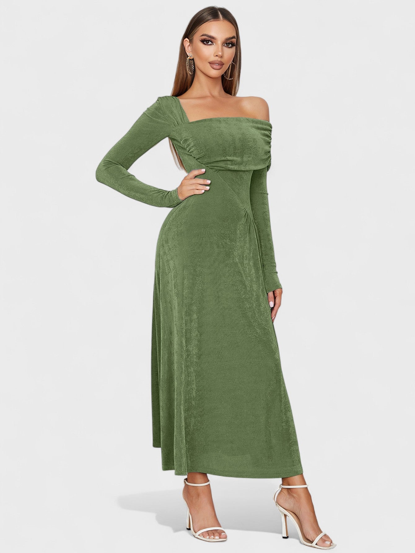 Jaicee Off-Shoulder Long Sleeve Maxi Dress - Olive Green Mara Blak Jaicee Off-Shoulder Long Sleeve Maxi Dress - Olive Green Mara Blak