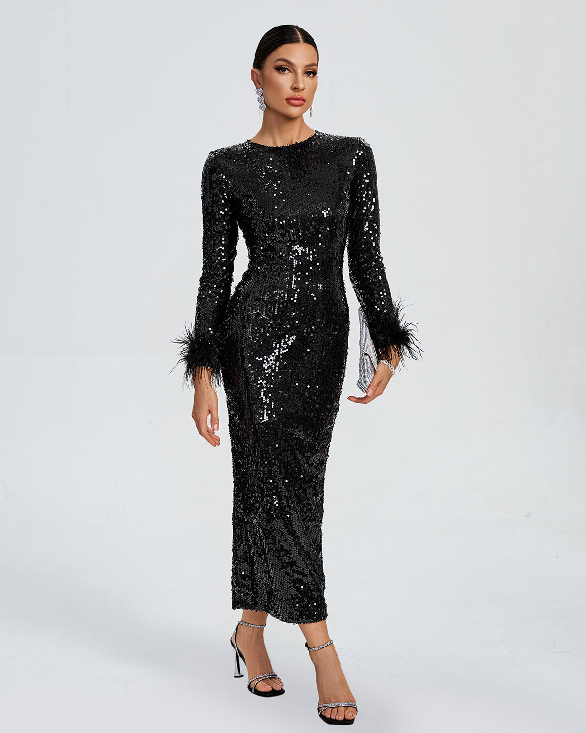 Sequin Dresses Silver Midi Dress With Sleeves Feather Sequins Midi Black Dress Mara Blak Sequin Dresses Silver Midi Dress With Sleeves Feather Sequins Midi Black Dress Mara Blak