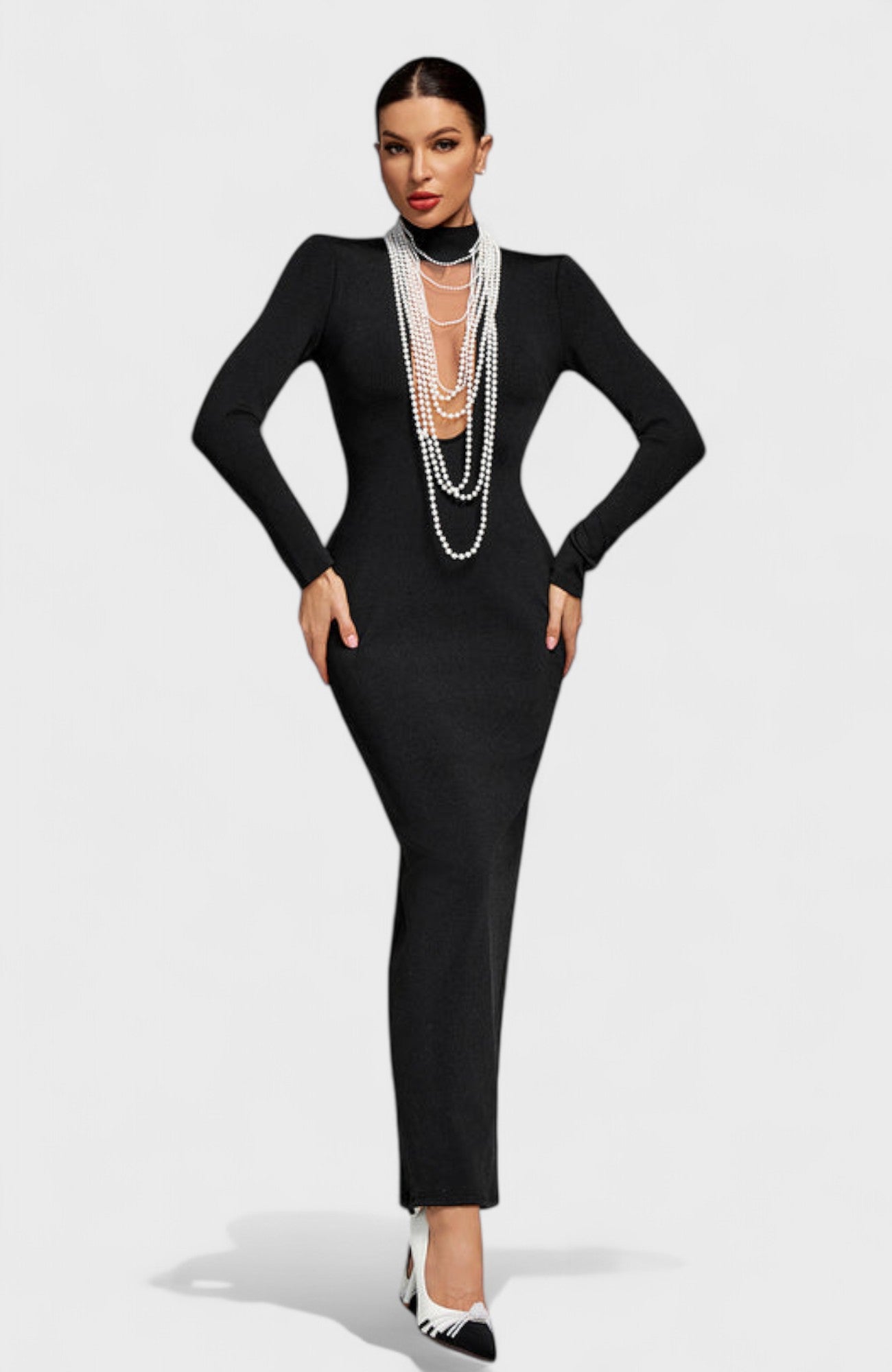 Kalon Bandage Long Sleeve Maxi Pearl Necklace Dress Mara Blak Kalon Bandage Long Sleeve Maxi Pearl Necklace Dress Mara Blak