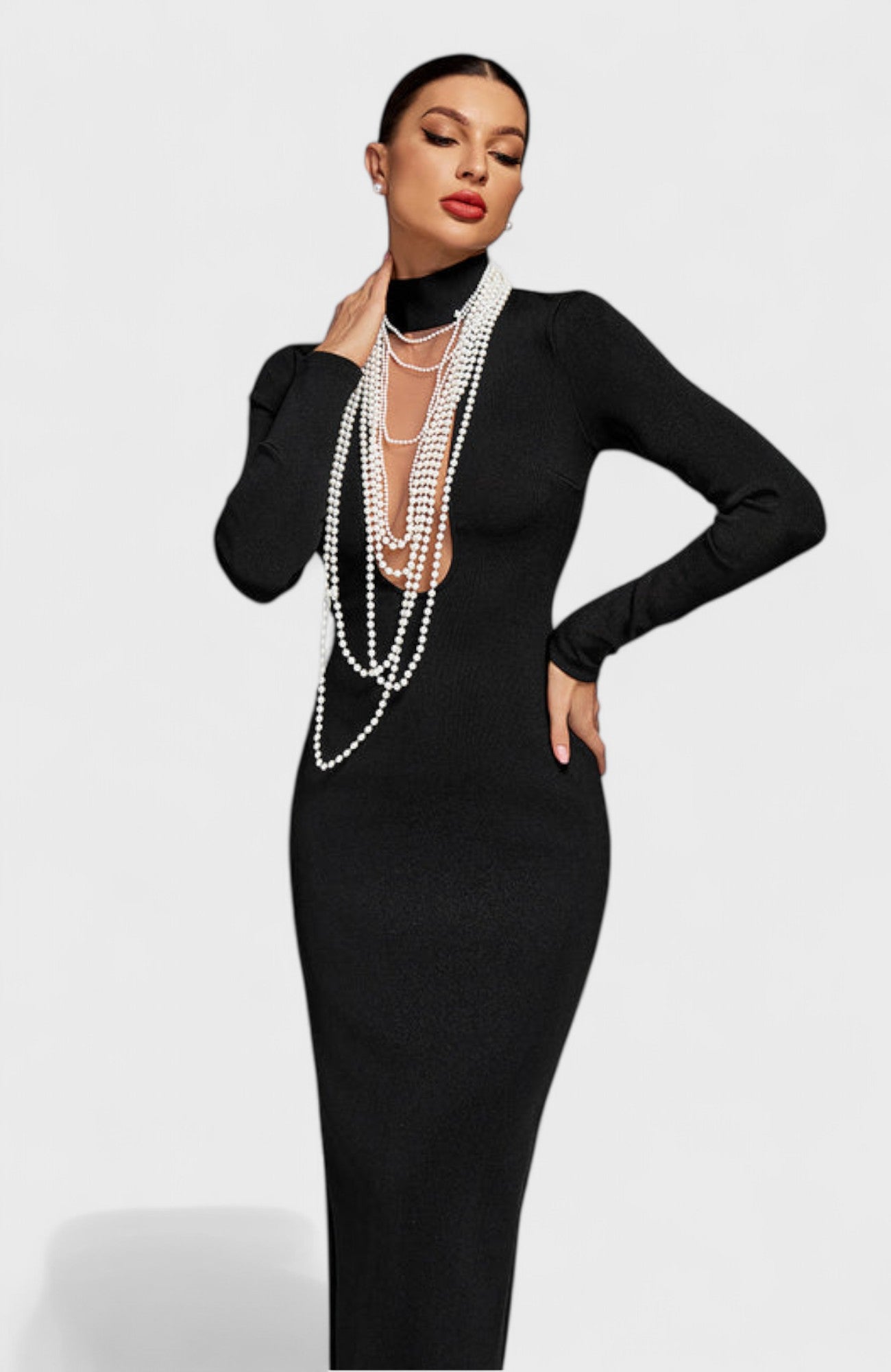 Kalon Bandage Long Sleeve Maxi Pearl Necklace Dress Mara Blak Kalon Bandage Long Sleeve Maxi Pearl Necklace Dress Mara Blak