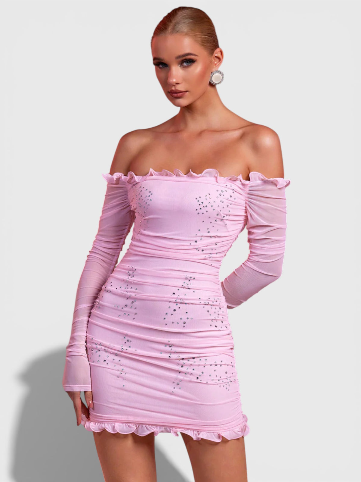 pink off the shoulder ruched dress Leyla Long Sleeve Mesh Mini – Mara Blak Pink Length Hand-Dyed Brown Maxi Dress, Size-US:0 homecoming dress shops near me