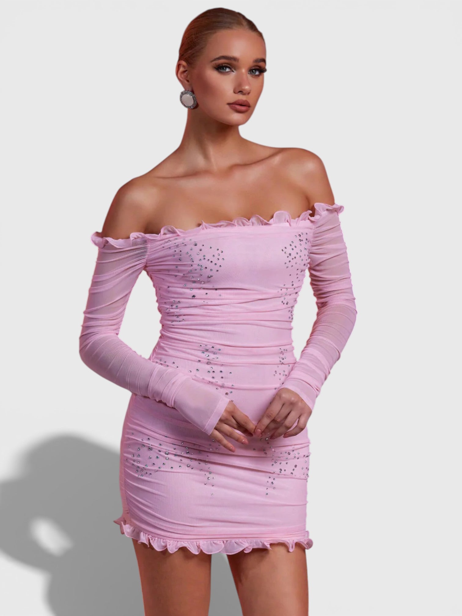 Leyla Pink Off Shoulder Long Sleeve Ruched Mesh Mini Dress Mara Blak Leyla Pink Off Shoulder Long Sleeve Ruched Mesh Mini Dress Mara Blak