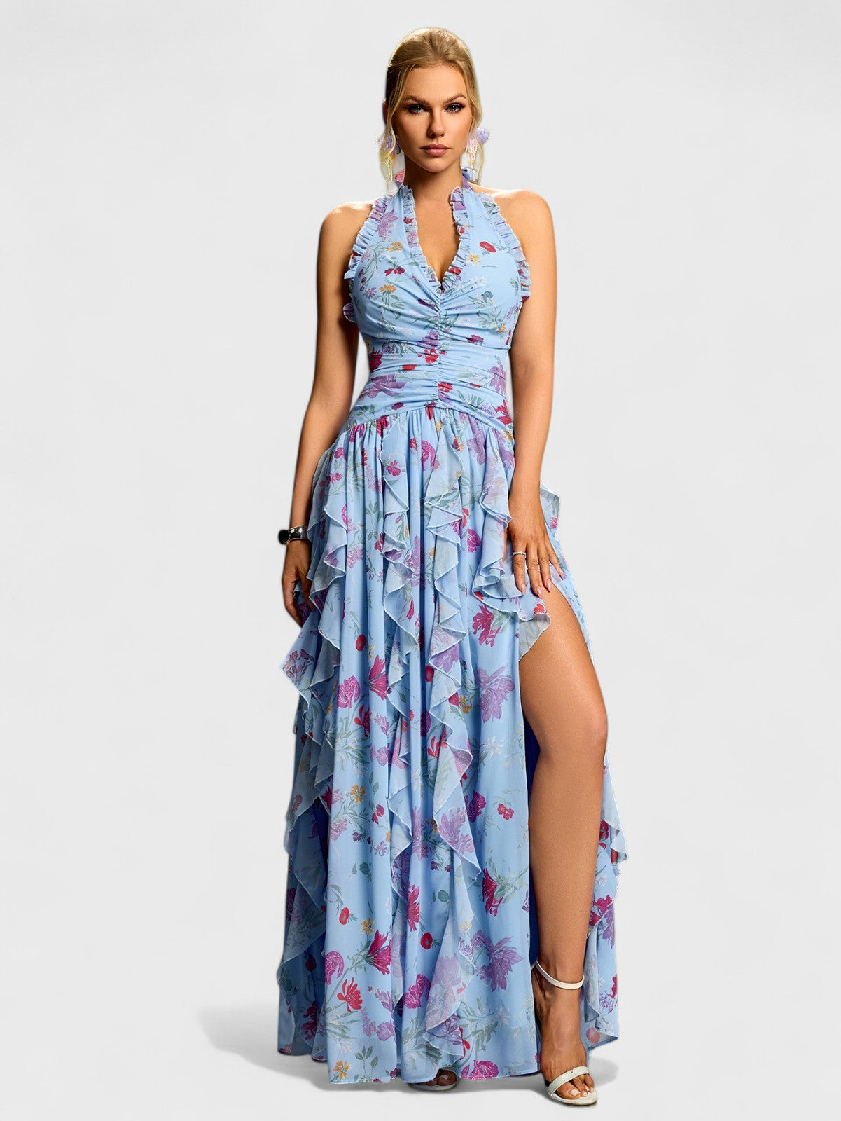 Lina Blue Floral Ruffle Halter Maxi Dress Mara Blak Lina Blue Floral Ruffle Halter Maxi Dress Mara Blak
