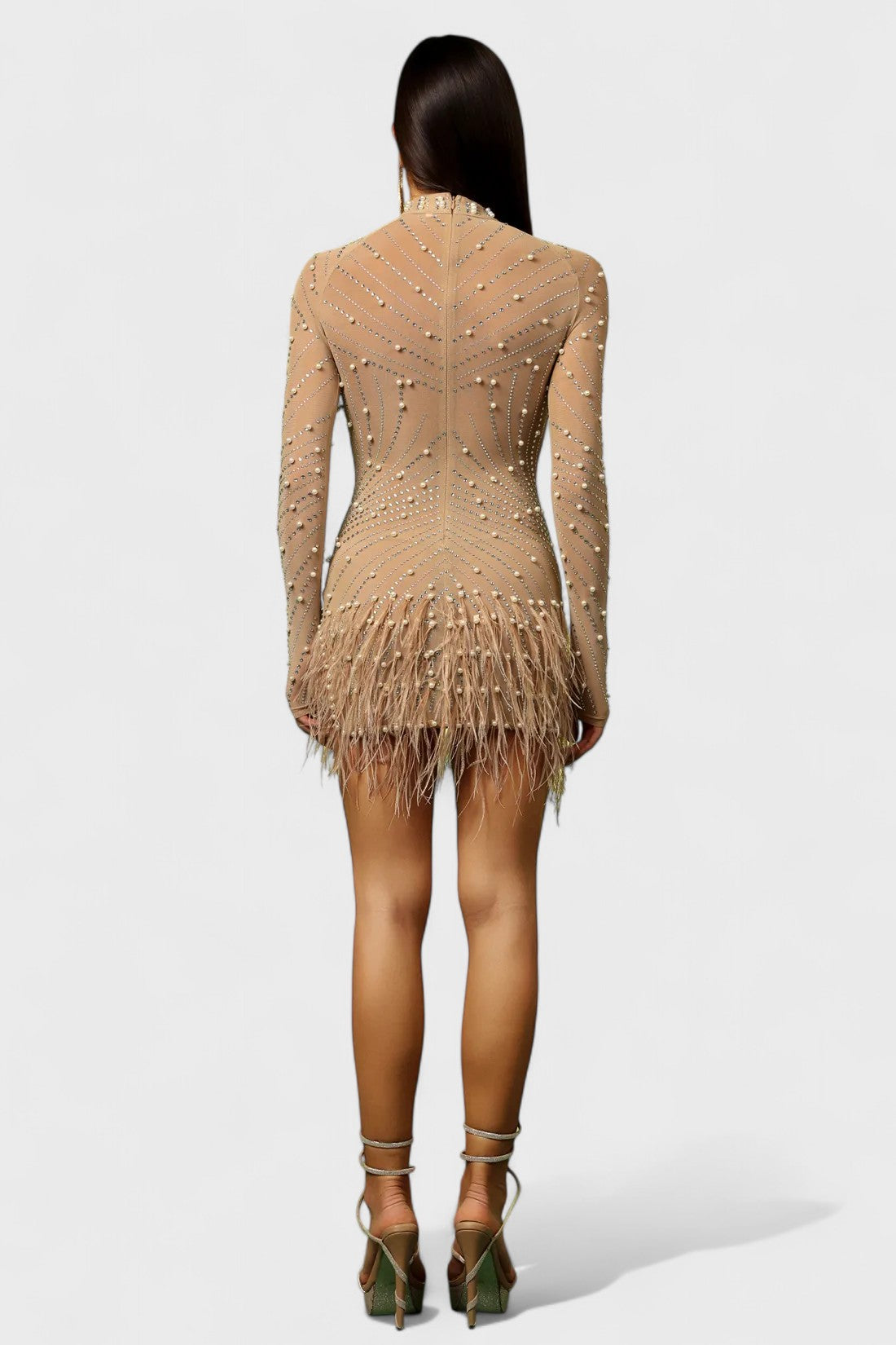 Long Sleeve Pearl & Rhinestone Mini Feather Hem Dress Mara Blak Long Sleeve Pearl & Rhinestone Mini Feather Hem Dress Mara Blak